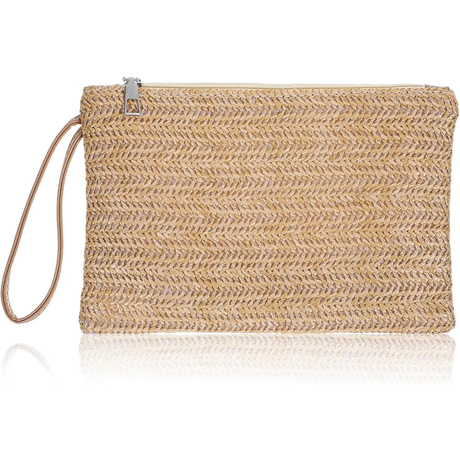 Straw Clutch, Straw Purses for Women, Bohemian Style, Zipper Wristlet Hand-Woven Straws Pocketbooks, for Work, Dating, Daily Life and Travel, Khaki