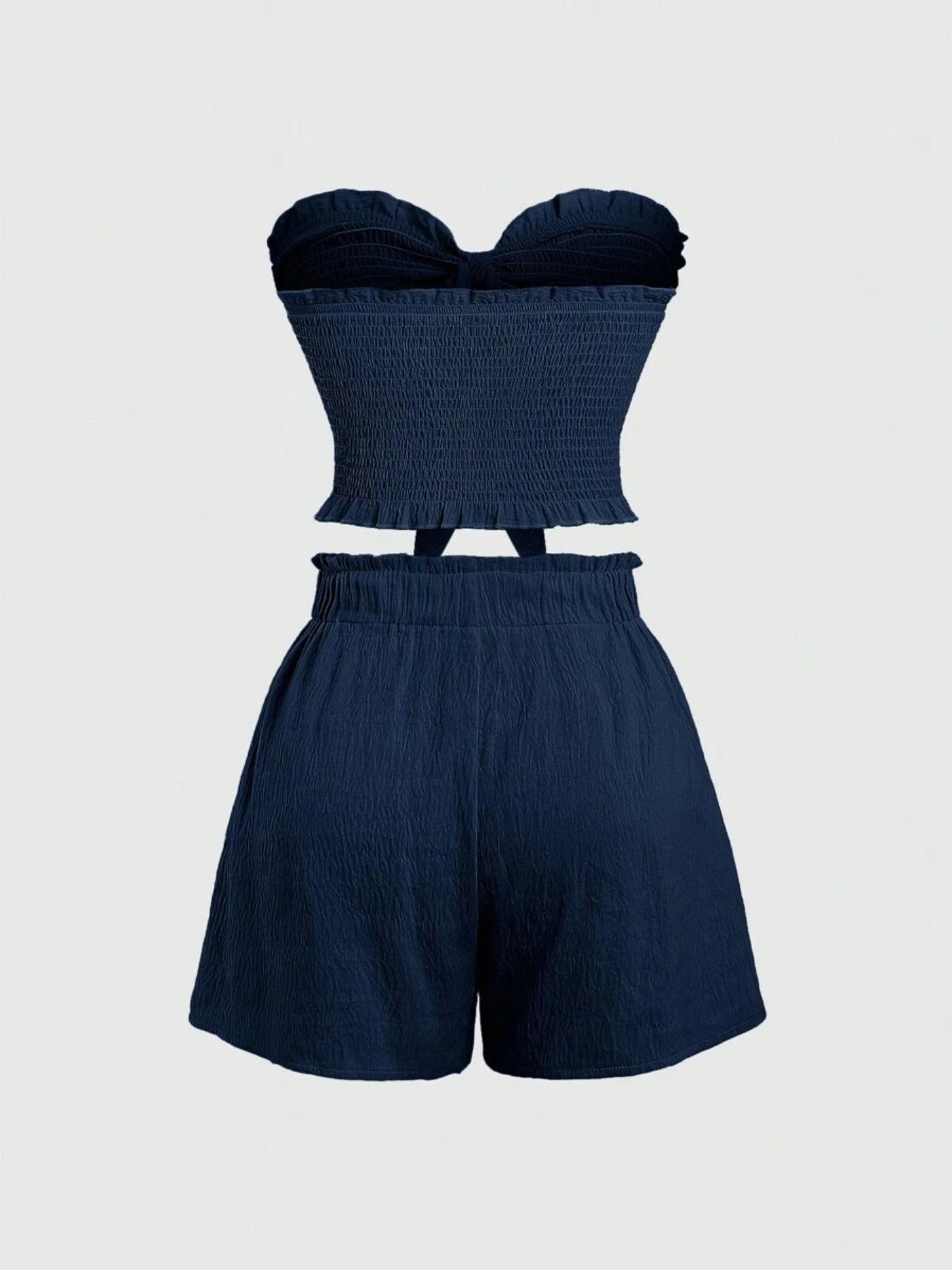 Two-Piece Set Women's Basic Solid Color Crop Tube Top & Elastic Waist Shorts Set, Casual Fashion Cozy Outfits for Daily Outdoor Wear, Ladies Clothes for Summer