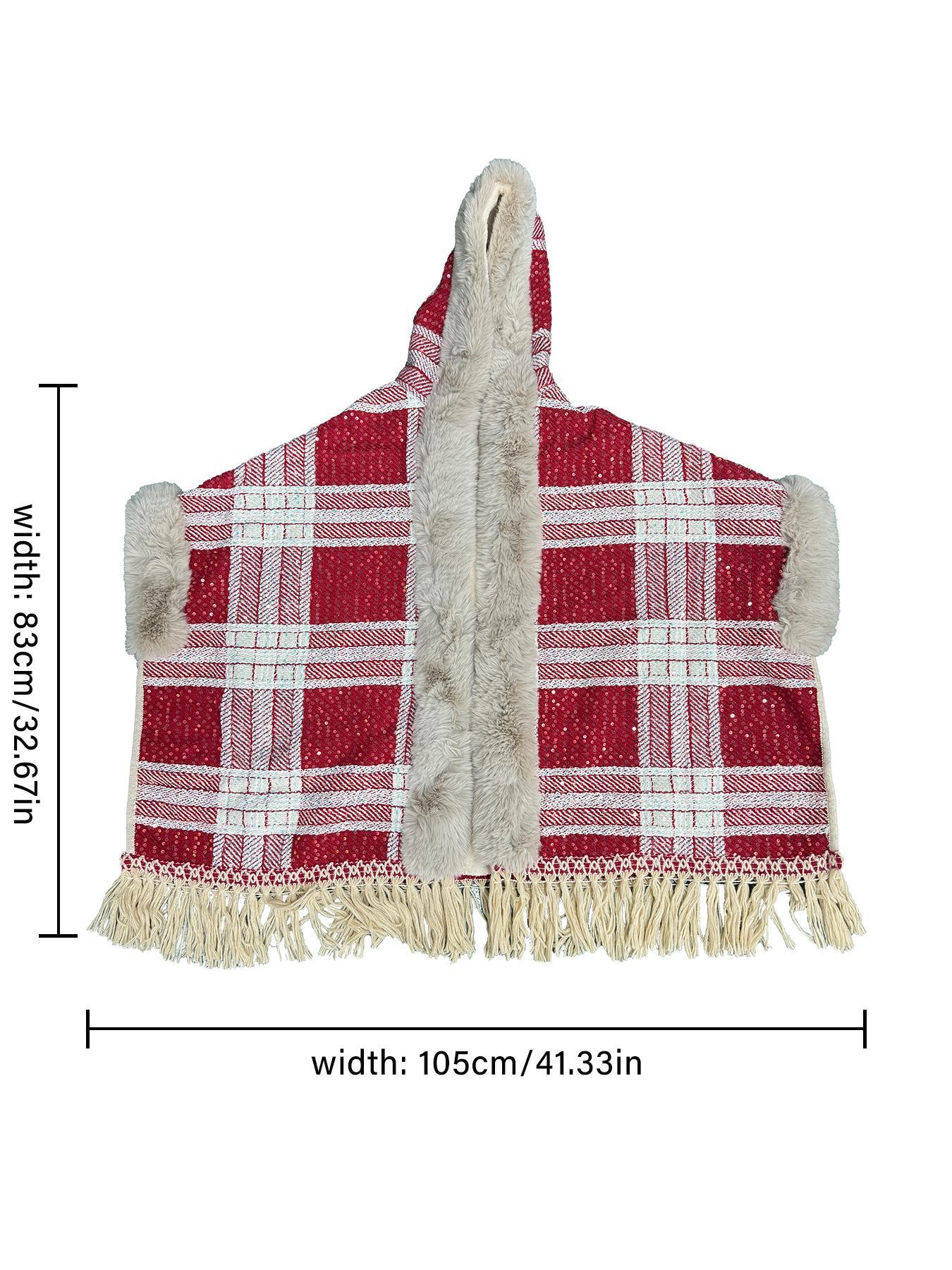 Women's Tartan Print Fur Trim Shawl Collar Cape Coat, Casual Fringe Trim Long Sleeve Open Front Outerwear for Fall & Winter, Women's Clothing for Daily Wear, Lady