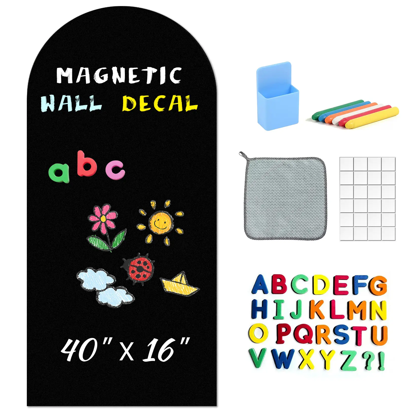Peel & Stick Magnetic Chalkboard Wall Decal, Removable Arched Blackboard for Kids - Reusable Easy-Clean Writing Surface - Includes ABC Magnets, Chalk, Eraser & Holder, Black, 40 * 100cm