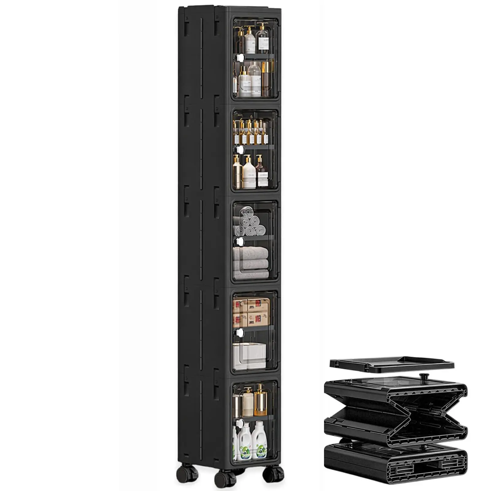 5-Tier White Slim Narrow Rolling Storage Cabinet Tall Bathroom Organizer with Adjustable Shelves for Small Space Laundry Kitchen Compact Design