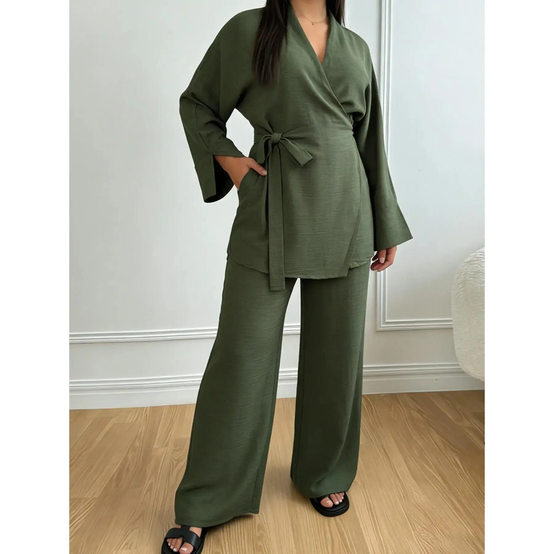 Women's Middle East Style Belted Long Sleeve Top Wide Leg Pants Set Comfortable Casual Two-Piece Outfit multi pocket urban streetwear all day comfort essential wardrobe daily classic fit versatile style modern silhouette