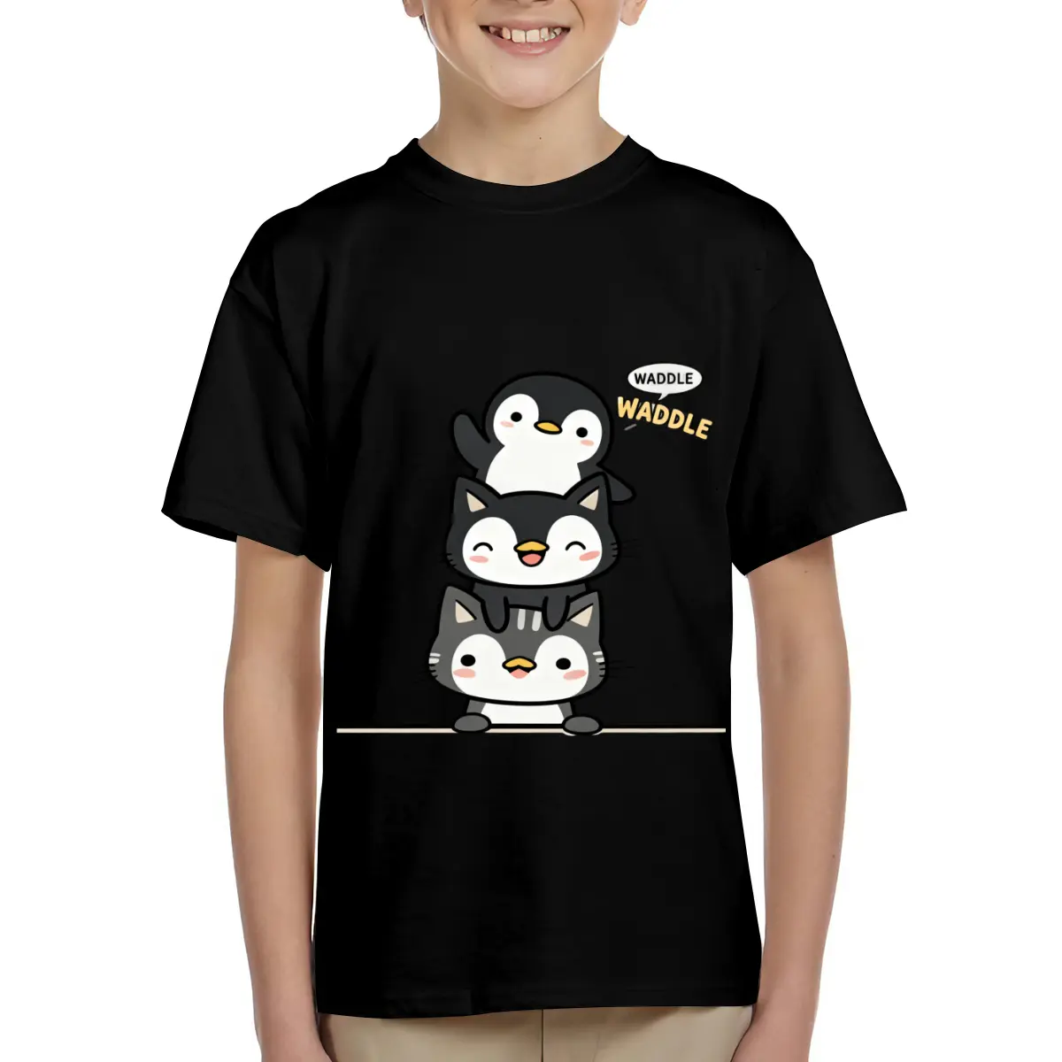 Cute Penguin Cat Stack Cartoon Print Kids Short Sleeve T-Shirts Cotton Soft Breathable Crewneck Tees for Boys Girls, Loose Fit Comfortable Basic Tops for 6-15 Years Summer School Casual Wear