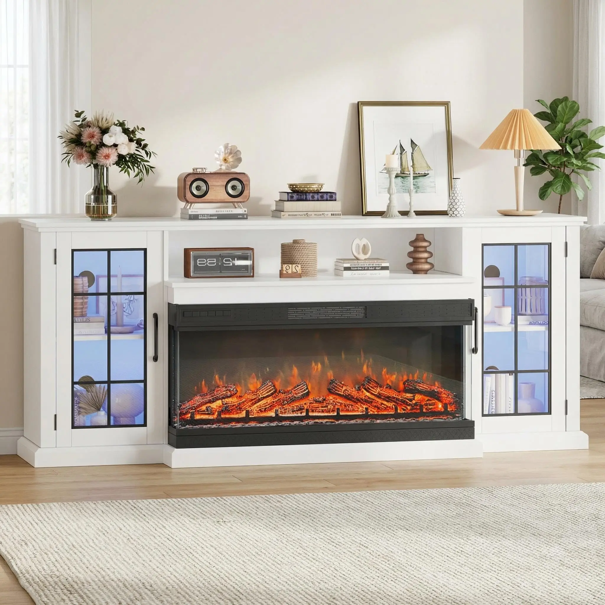 75" 3-Sided Glass Fireplace TV Stand for TVs Up to 85", Modern Wood Entertainment Center with  40" Electric Fireplace, 2 Cabinets, Open Shelf, 12 Flame Colors, Media Console for Living Room