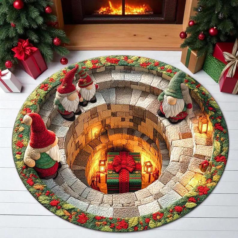 Christmas Gnome Round Rug 3D Gift Illusion Mat Holiday Winter Carpet Festive Santa Gnome Floor Rug Xmas Home Decor Round Rug