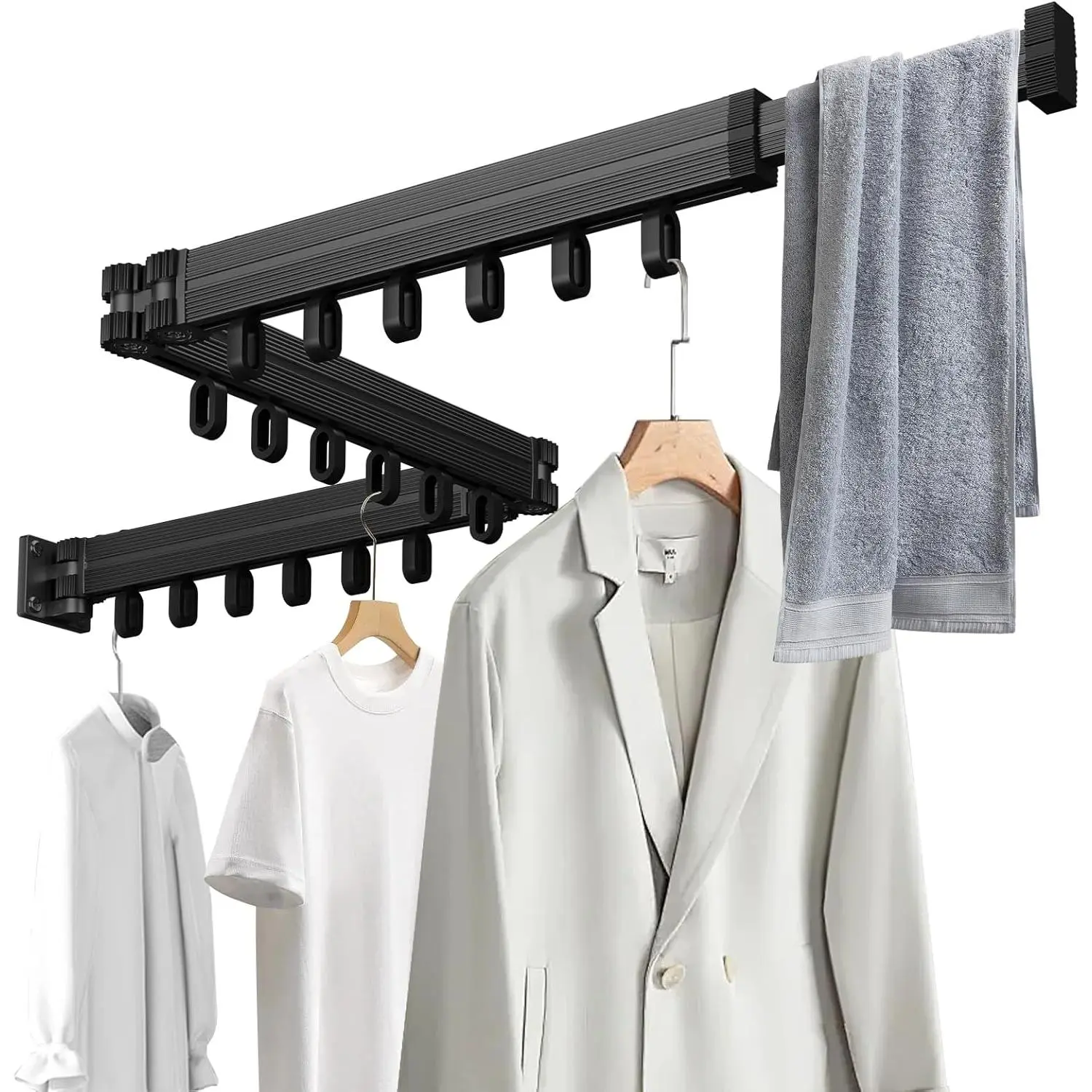Retractable Collapsible Tri-Fold Wall Mounted Clothes Drying Rack - Laundry Space Saver with Punch Installation Tools Provided
