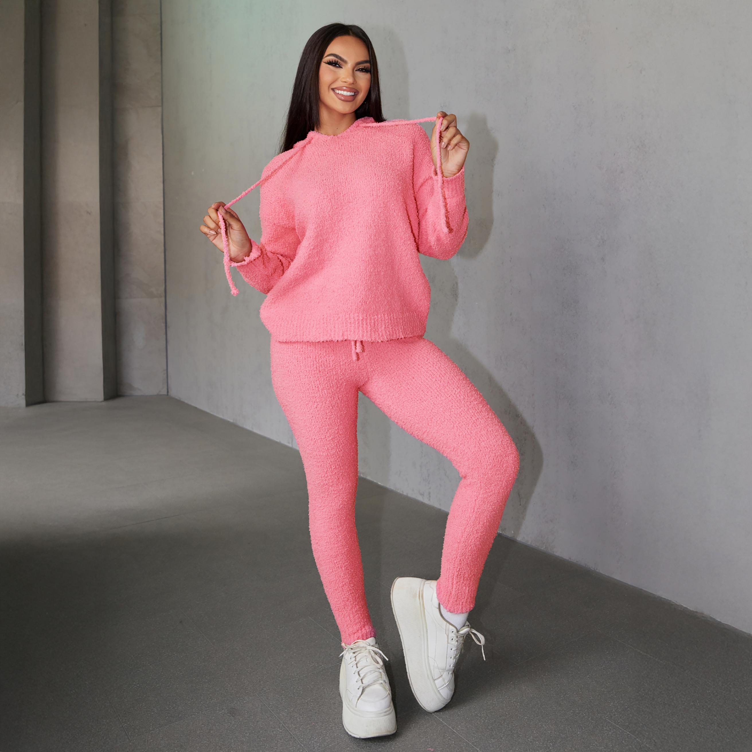 Joyfunear Women's Soft Woolen Knit Tracksuit Hoodie & Leggings Set for Home Leisure Daily Outings High-Quality Blend Fabric Adjustable Drawstring Hoodie Elastic Waist Leggings Pink Hue S-XXL