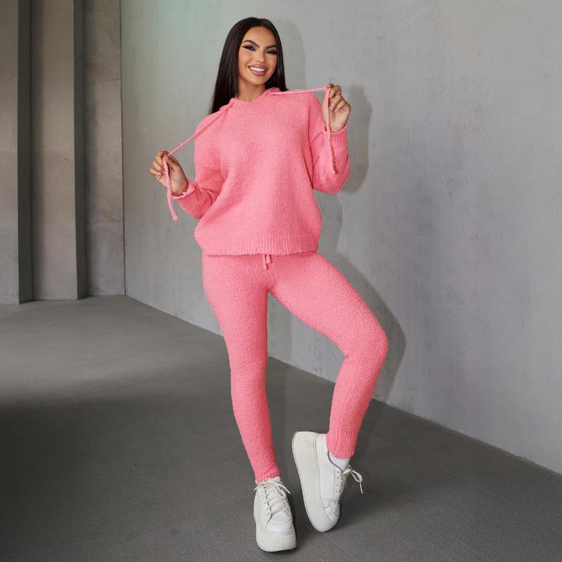 Joyfunear Women's Soft Woolen Knit Tracksuit Hoodie & Leggings Set for Home Leisure Daily Outings High-Quality Blend Fabric Adjustable Drawstring Hoodie Elastic Waist Leggings Pink Hue S-XXL