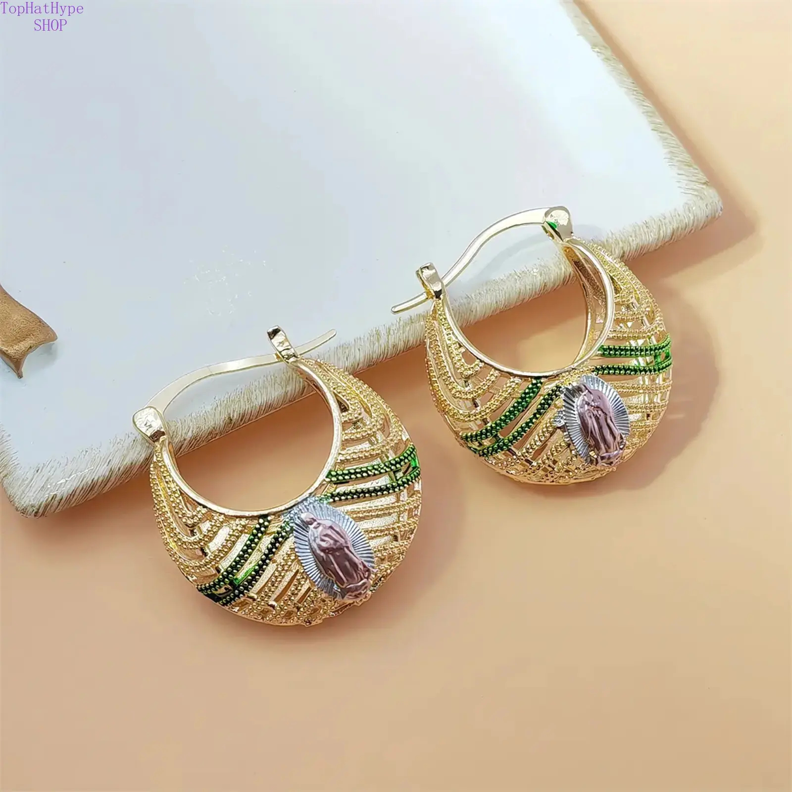 Filigree Huggie Hoop Earrings for Women, Gold Plated, Tri-Color Our Lady of Guadalupe Charm, Green Crystal Accent, Catholic Religious Jewelry