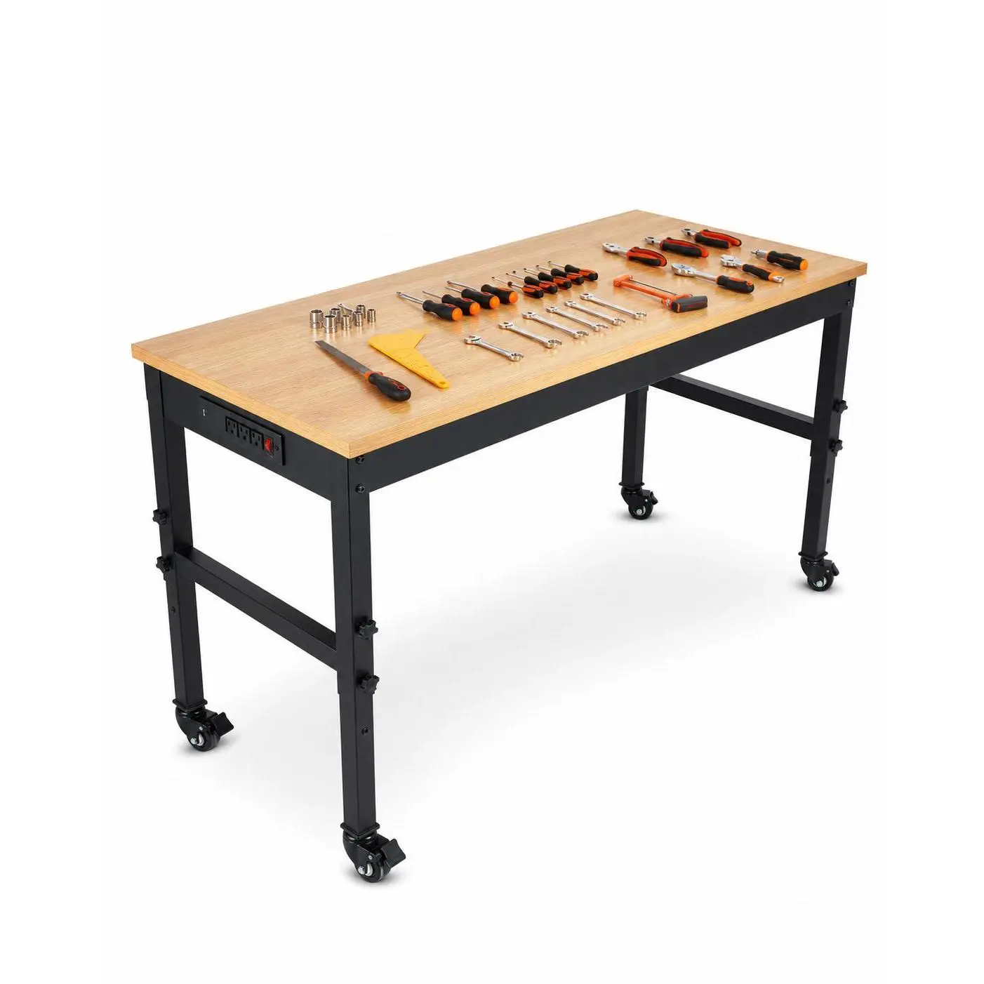 48 60 72 In Adjustable Workbench, Heavy Duty Work Bench with Built-in Power Outlets, 2500 LB Wood Top Work Table for Garage, Workshop, Repair Shop, Home Office