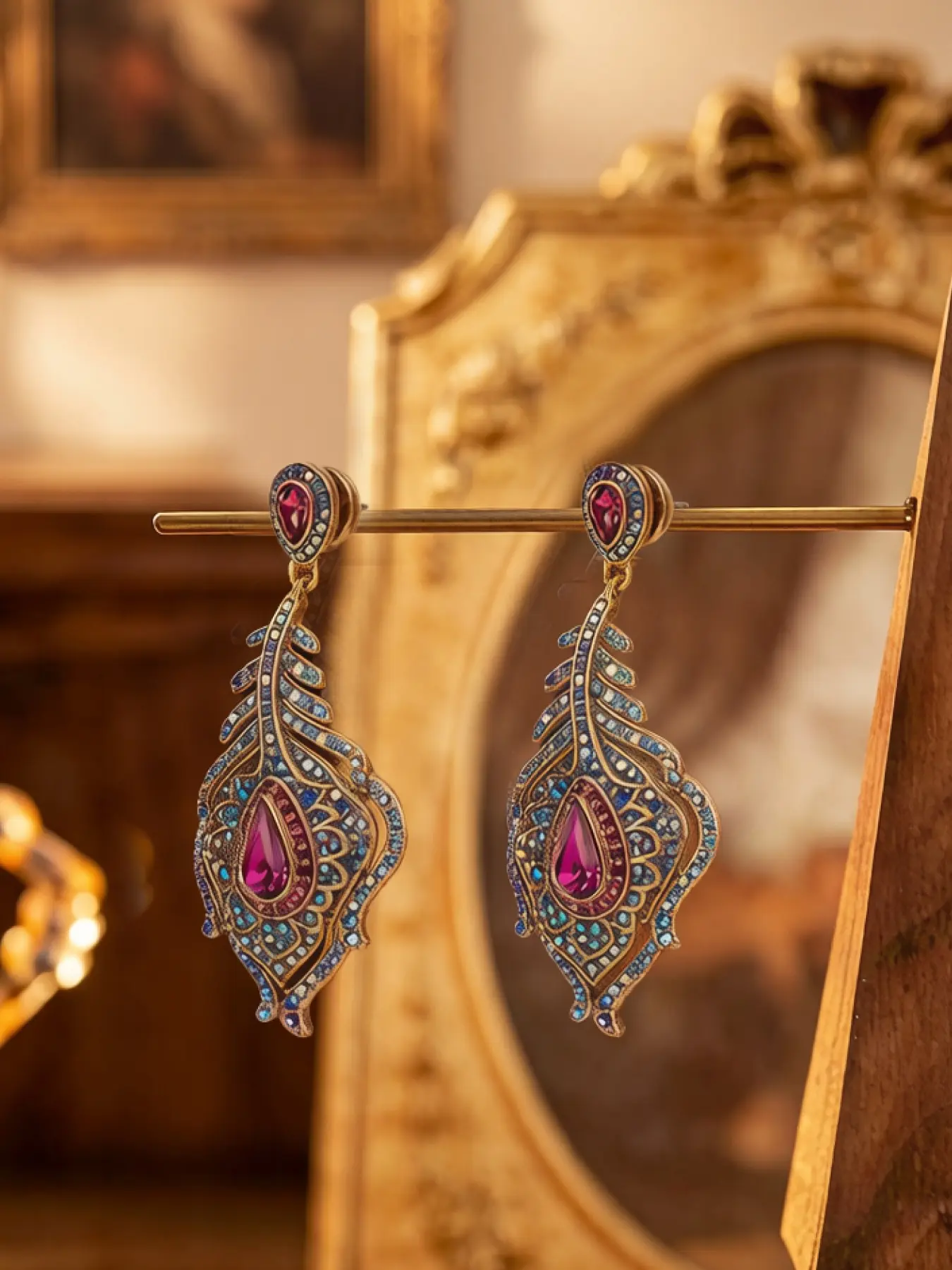 A pair of fashionable gold feather-shaped earrings adorned with colorful gemstones, suitable for daily commuting, vacation, and dates, and also a delightful and exquisite little gift.