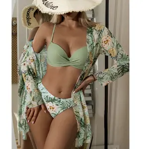 3pcs Floral Print Push-Up Bikini and Kimono Set swimsuit outfit