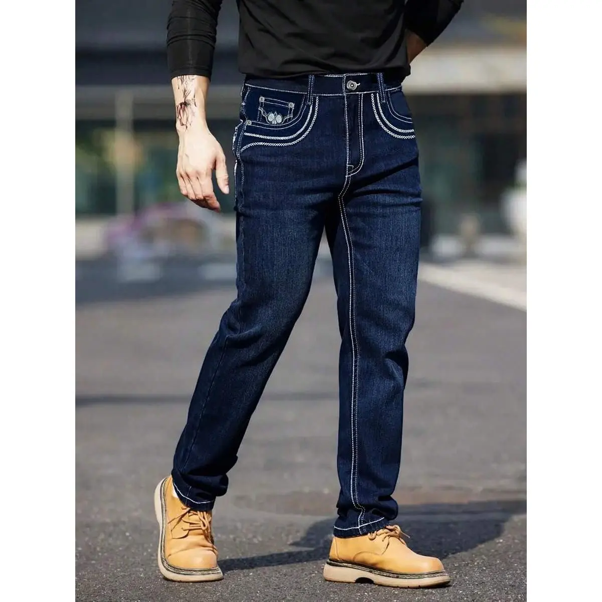 Men's Slim-Fit Skinny Jeans, Plain Stretch Denim Pants with Mid Waist and Zipper, Casual Style for Christmas & Halloween Parties