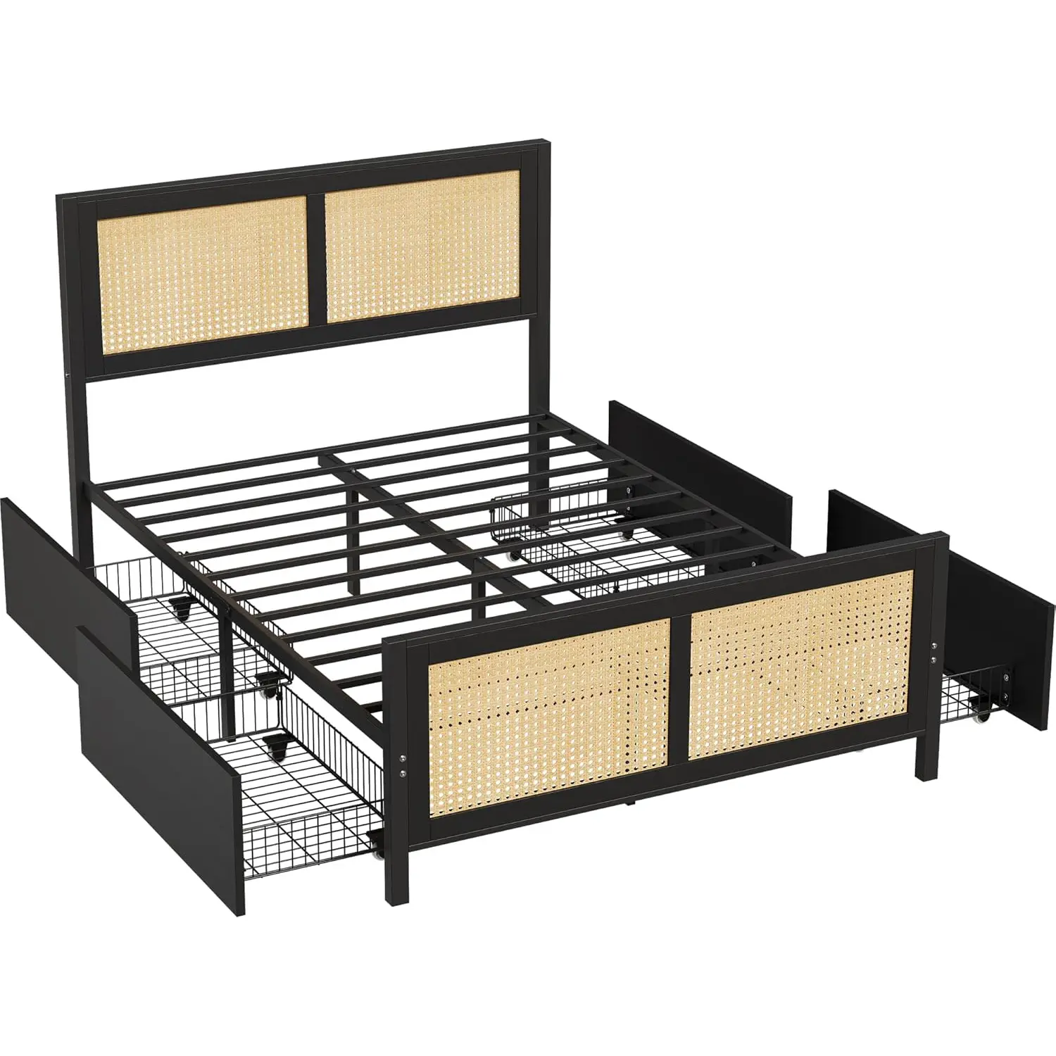 Rattan Bed Frame with Headboard & 4 Drawers - Boho Queen/Full Platform Bed, LED Lights, 800 lb Capacity, No Box Spring - White/Black