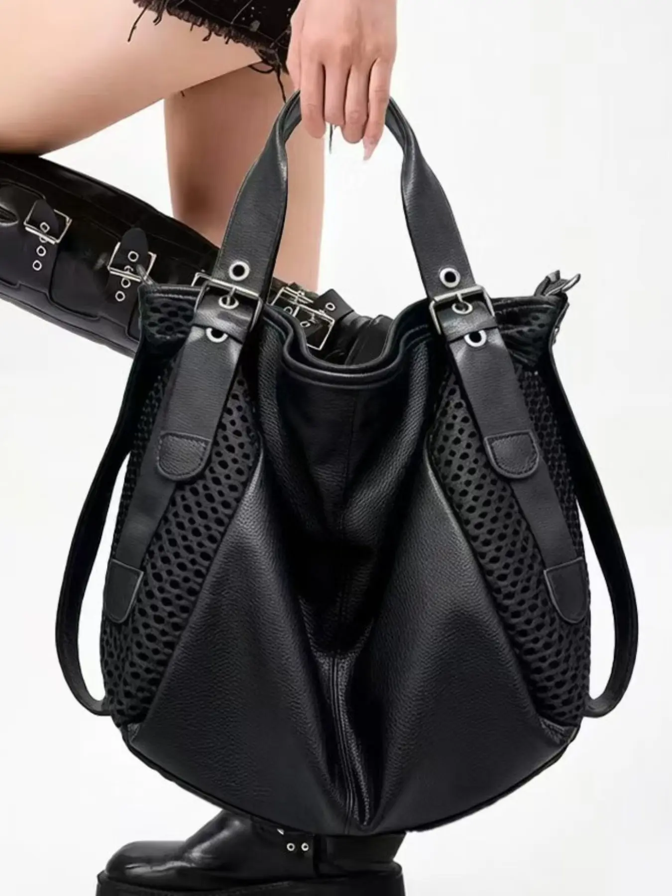 New Mesh Patchwork Soft Leather Tote Bag, Genuine Leather Handle, Shoulder or Hand Carry, Pair with Long Dress or Suit, Simple Commute Style