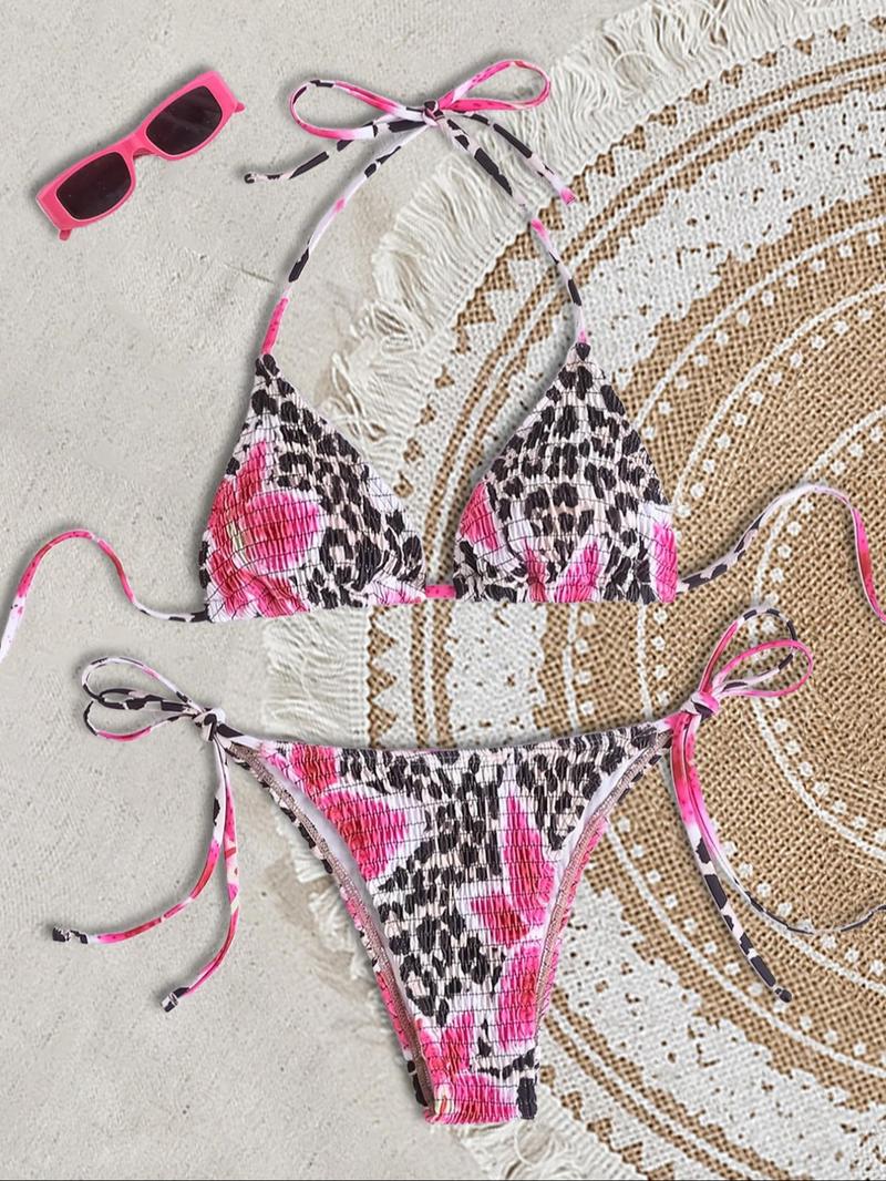 Two-Piece Set Women's Leopard Print Textured Bikinis Set, Casual Halter Triangle Bra & Tie Side Panty, Summer Beach Holiday Vacation Swimwear Set for Women, Tie Back Bikini, Halter Bikini Swimsuit