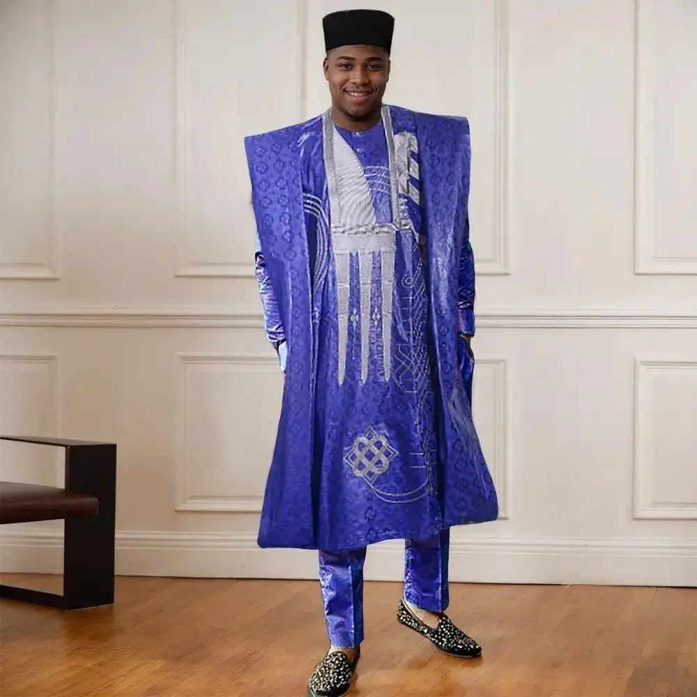 Men's 2025 New Embroidered Plant Pattern Shortsleeve Bazin Dashiki Suit - Multi-Size Robe Tops & Pants Set for Muslim Wedding Party