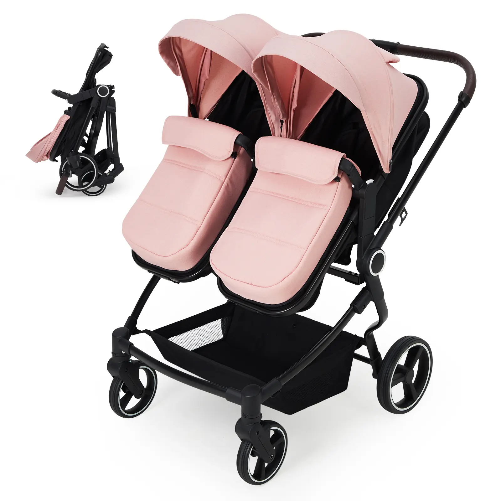 Side by Side Twin Double Baby Stroller - 1-Click Quick Folding, Adjustable Reclining Seats, 5-Point Safety Harness for Infants Toddlers