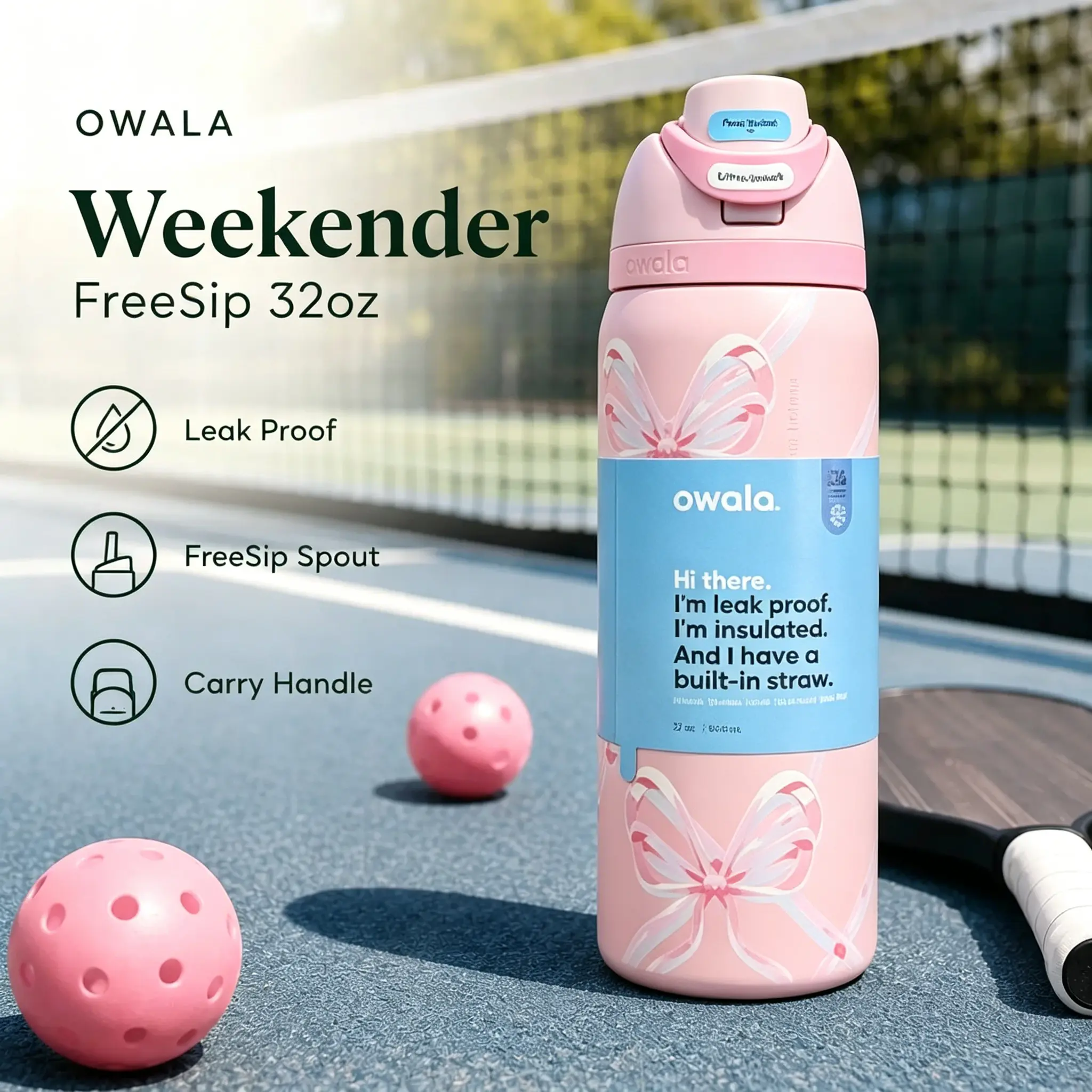 Aesthetic 32oz Owala Weekender FreeSip Pink Bow Insulated Water Bottle - Leak-Proof, Portable Plastic-Silicone Sports Tumbler for Tennis (Hydro Flask Alternative)