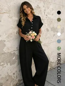 A lady's fashion French lazy-fit jumpsuit with a loose button-up design, featuring slimming wide-leg style. Perfect for summer, suitable for light social occasions, afternoon tea, vacation trips, commuting, and at-home wear Button Front Jumpsuit
