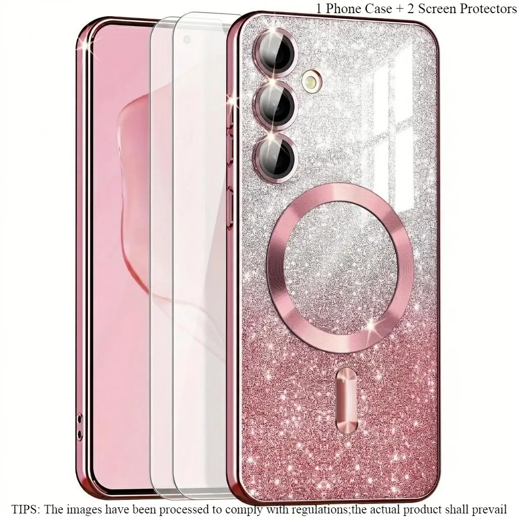 3PCS (1 Phone Case + 2 Tempered Glass Screen Protectors) - Designed for Samsung Galaxy A55, A35, A15, Stylish Cellphone Accessory, Protective Covers, Featuring a Clear Magnetic Gradient with a Plated Bumper And a Camera Lens Protector