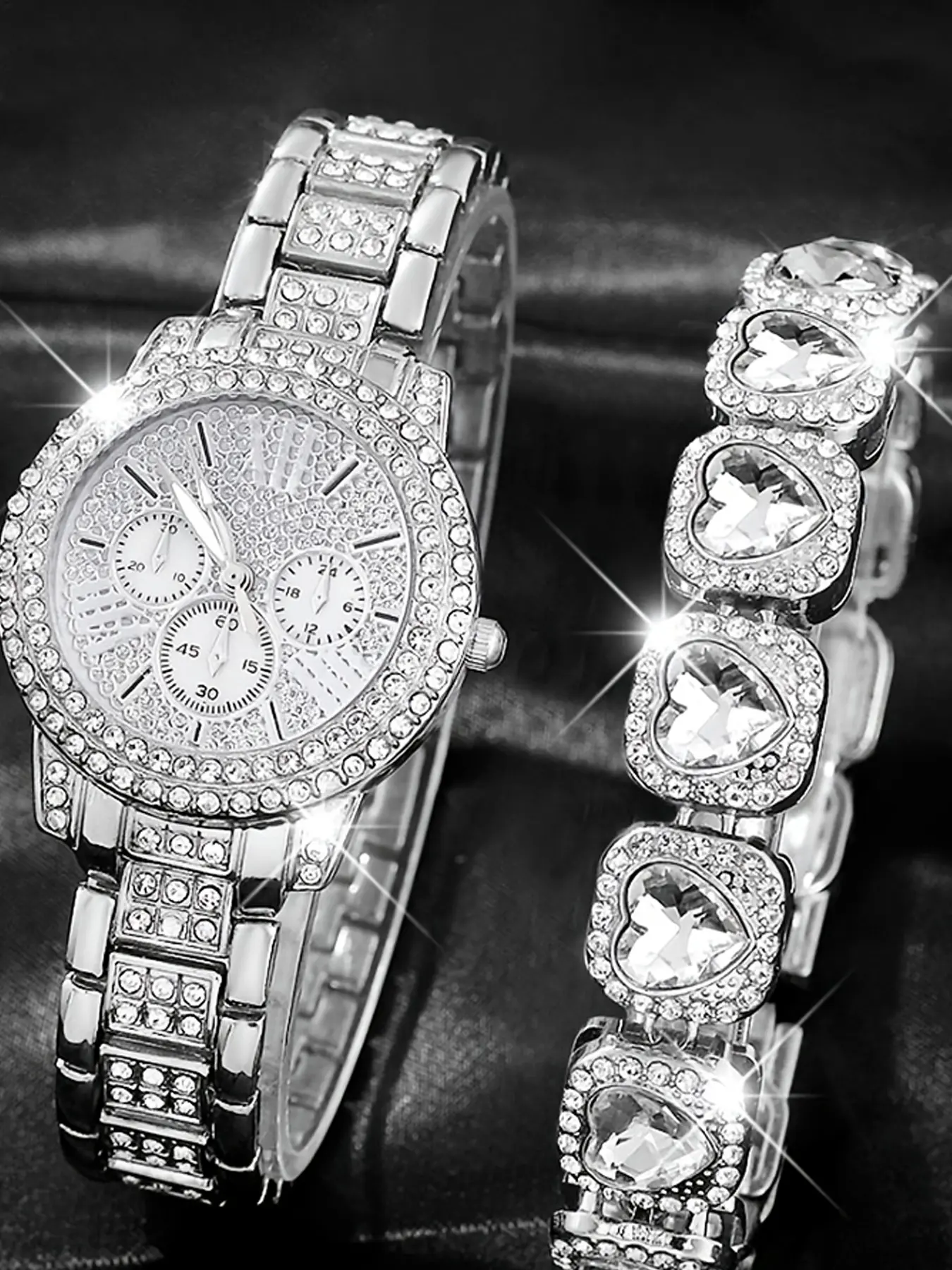 2-piece set of luxury water crystal women's wristwatches with starry sky design, stainless steel chain, small watch face, stylish and elegant ladies' watch set