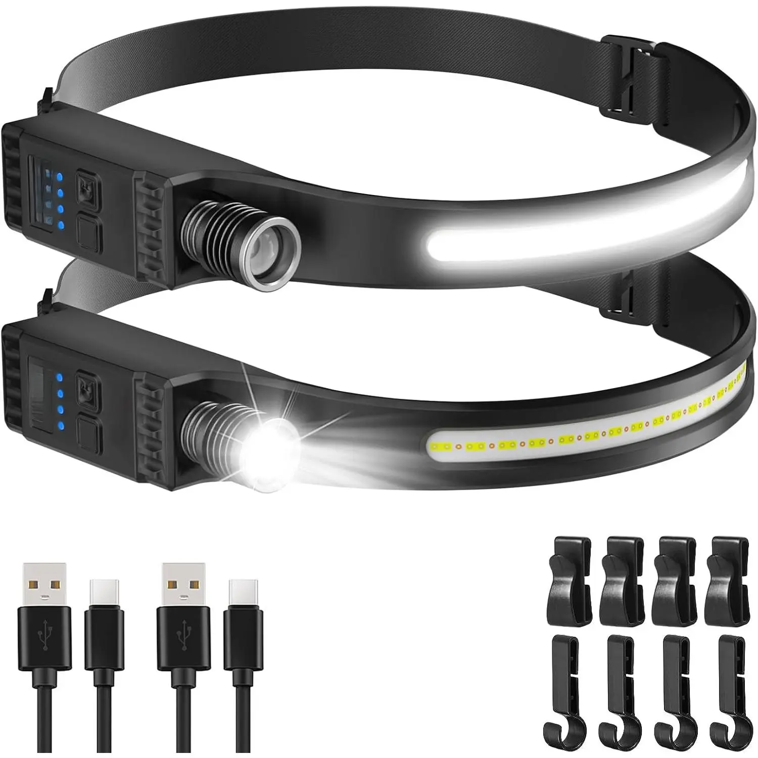 Headlamp Rechargeable with Red Light, 2 Pack Super Bright 230 °     Wide Beam Head Lamp, 30 Hrs Runtime, 8 Modes Waterproof Lightweight Headlights  Camping Running Fishing
