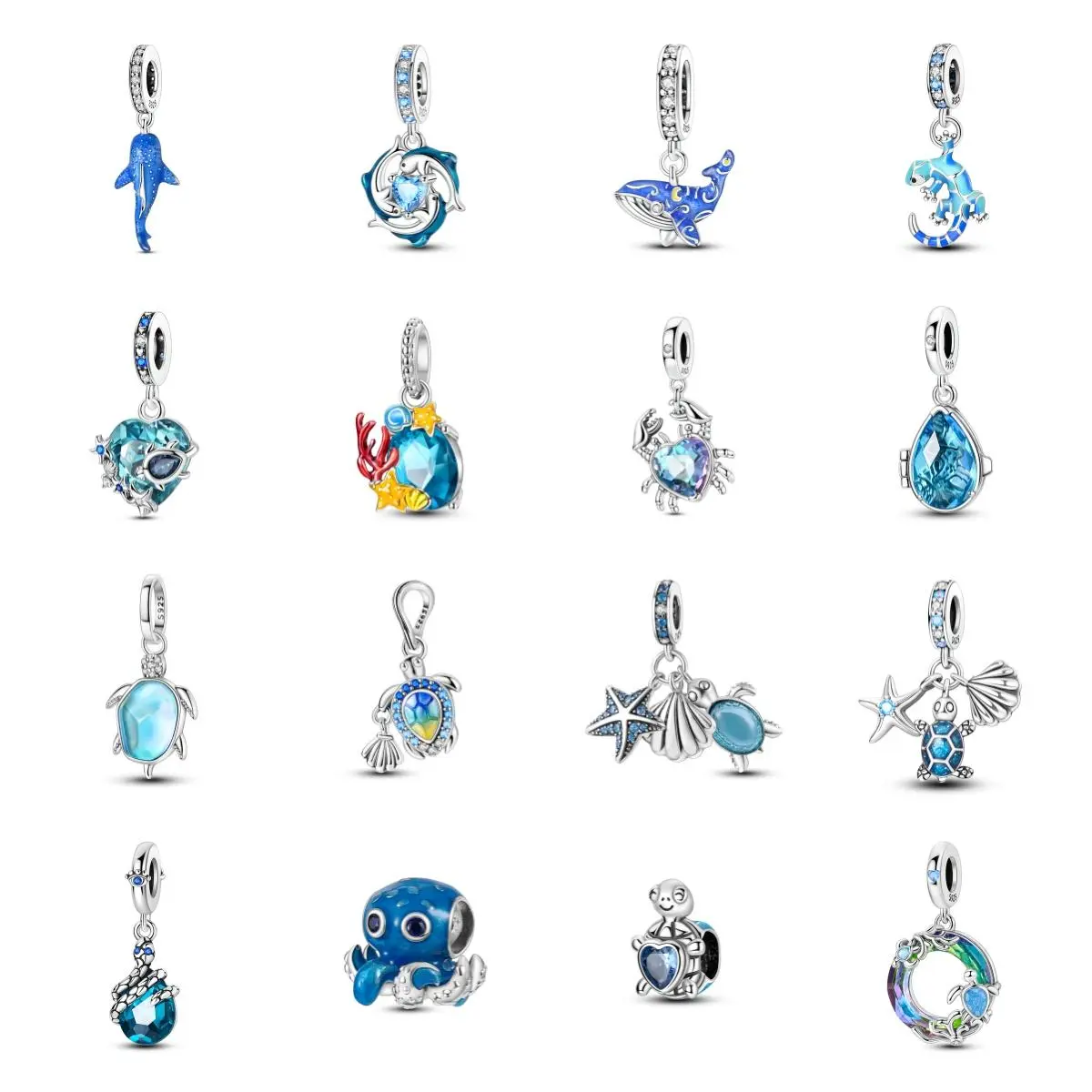 MULA S925 Silver Blue Ocean Charms, Hypoallergenic Enamel Turtle Whale Dolphin Beads, Summer Beach Vacation Jewelry, Compatible with Pandora, Gift for Women