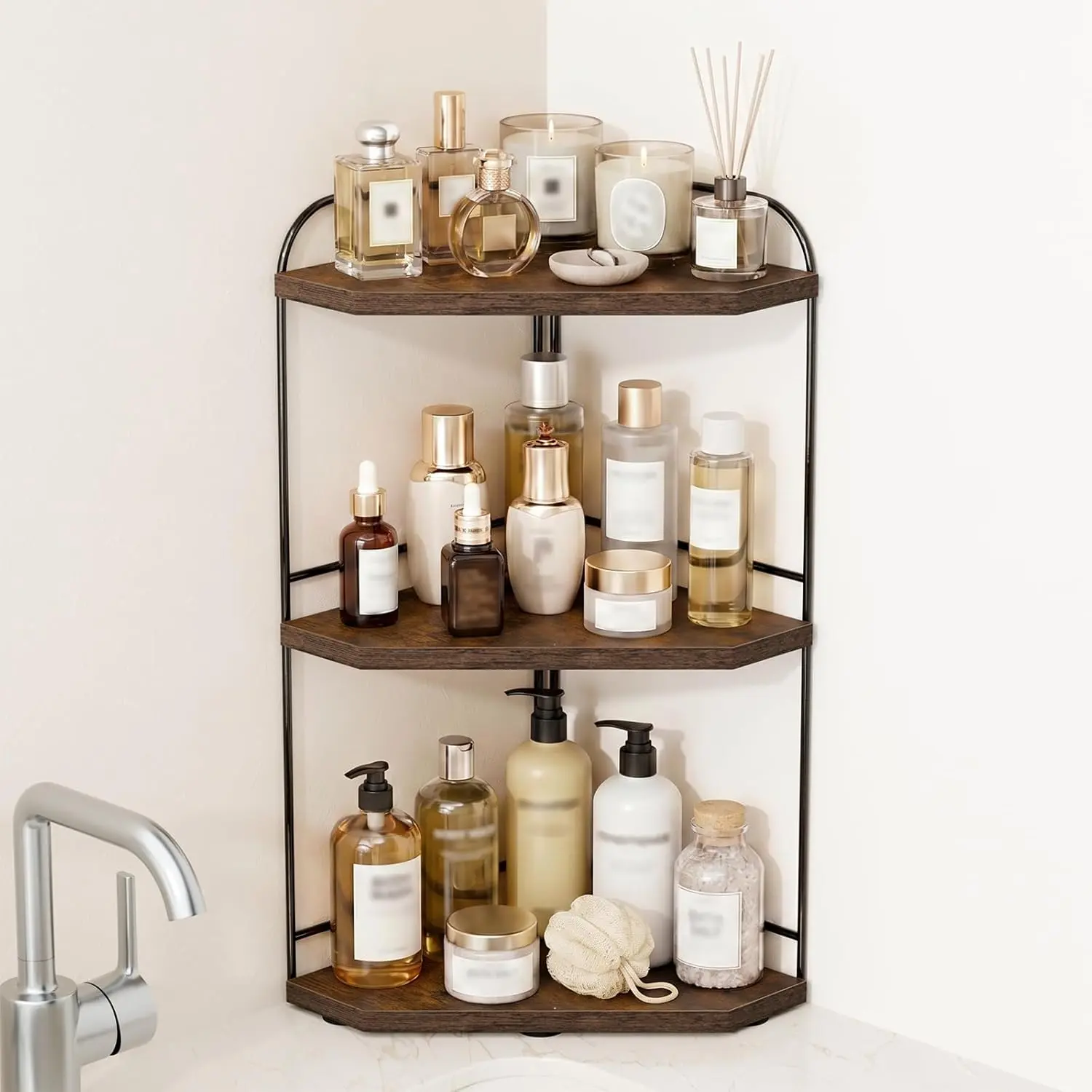 Corner Bathroom Counter Organizer, 3-Tier Wood Countertop Organizer for Perfume, Makeup Storage, Skincare Organizers for Vanity, Counter Corner Shelf for Kitchen, Bathroom, Dresser (Rustic Brown)