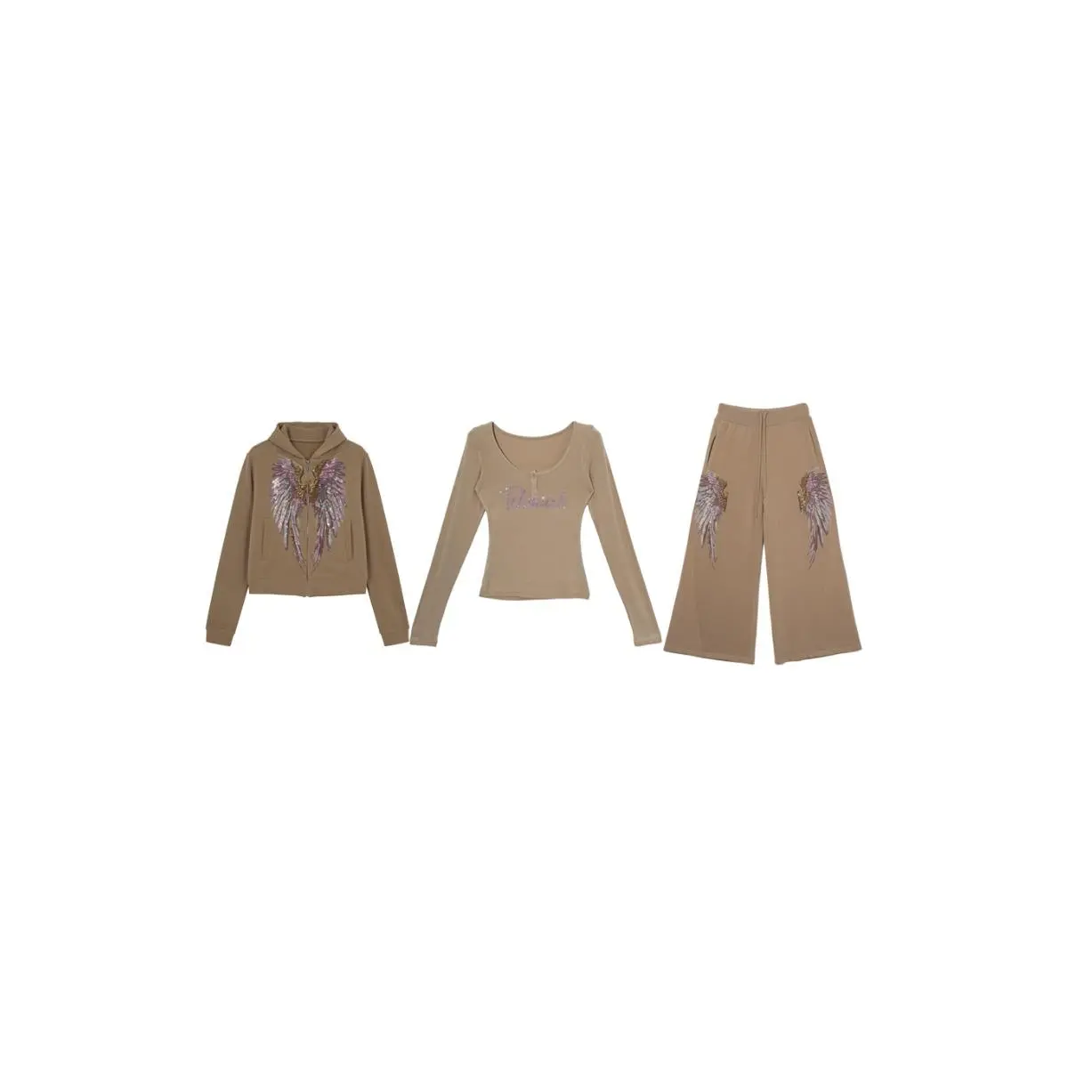 TCH Women's Long-Sleeve Zip-Up Hoodie & Wide-Leg Pants Set – Rhinestone Angel Wings Design (Relaxed/Loungewear Style)