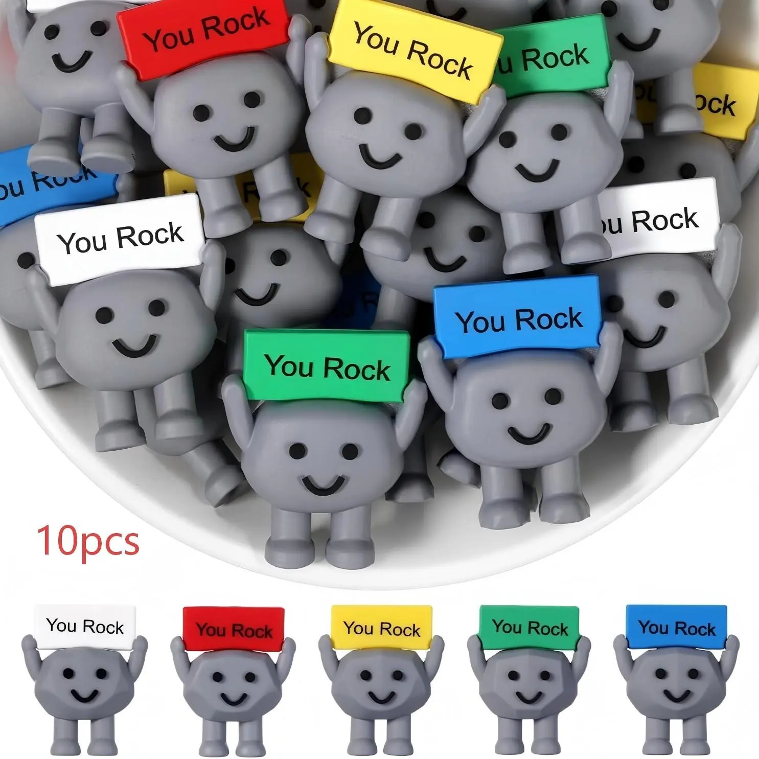 10 Mini Rubber Rock Statues, Plastic Figurines, You Rock Toys Positive Gifts, Inspirational Desk Decor, Birthday Motivational Gift for Colleagues Teachers