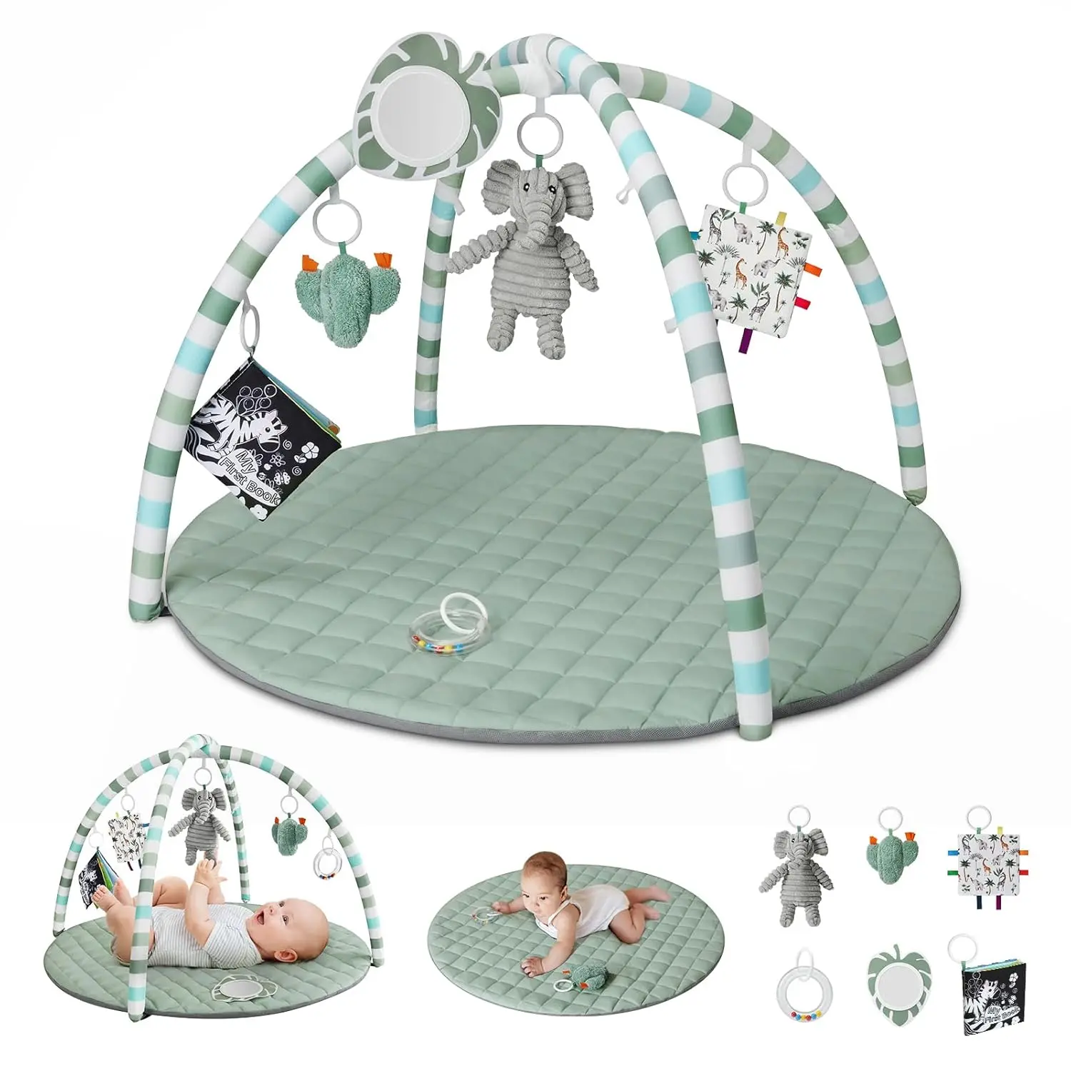 Play Gym Mat, Play Mat Activity Mat with 6 Detachable   Stage-Based Sensory & Motor Skill Development, Easy to Install & Clean,  Essentials Gift, Sage Green jumpers Gym Play Mat cotton  playmats mattress