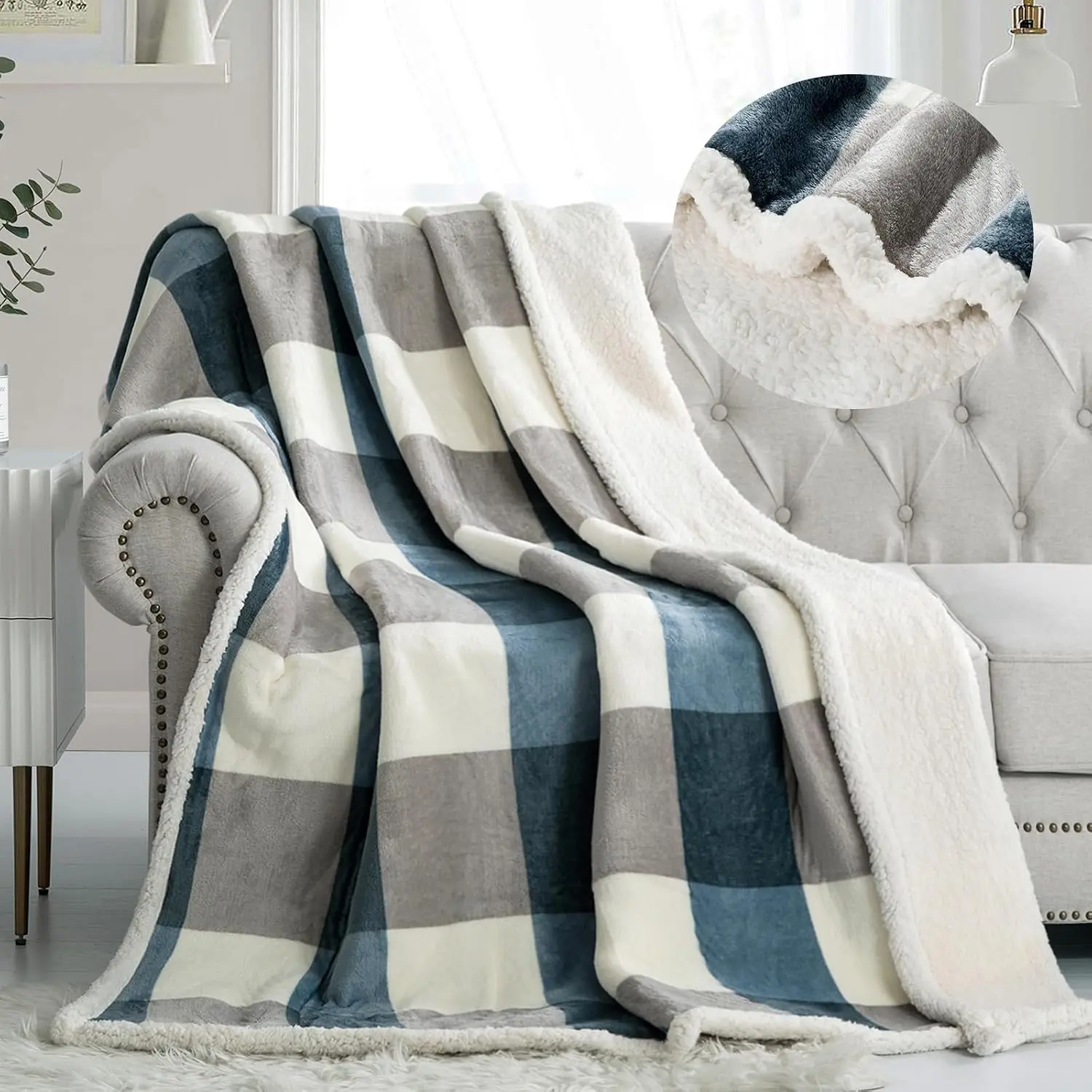 Fleece Throw Blanket 60" x 80" Reversible Plush Large Big Blanket Lattice Flannel for Sofa Couch Bed (Grey-Soft Blue, 60"*80")