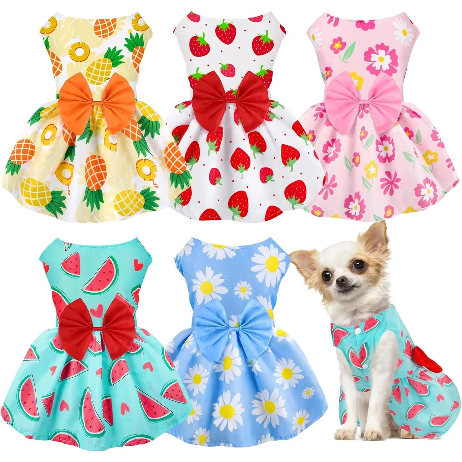 5 Pack Girl Dog Clothes Floral Summer Puppy Princess Bowknot Dresses for Small Dogs Cute Outfits for Boys Girls Pets Cats Dogs (XX-Small, Floral Summer)