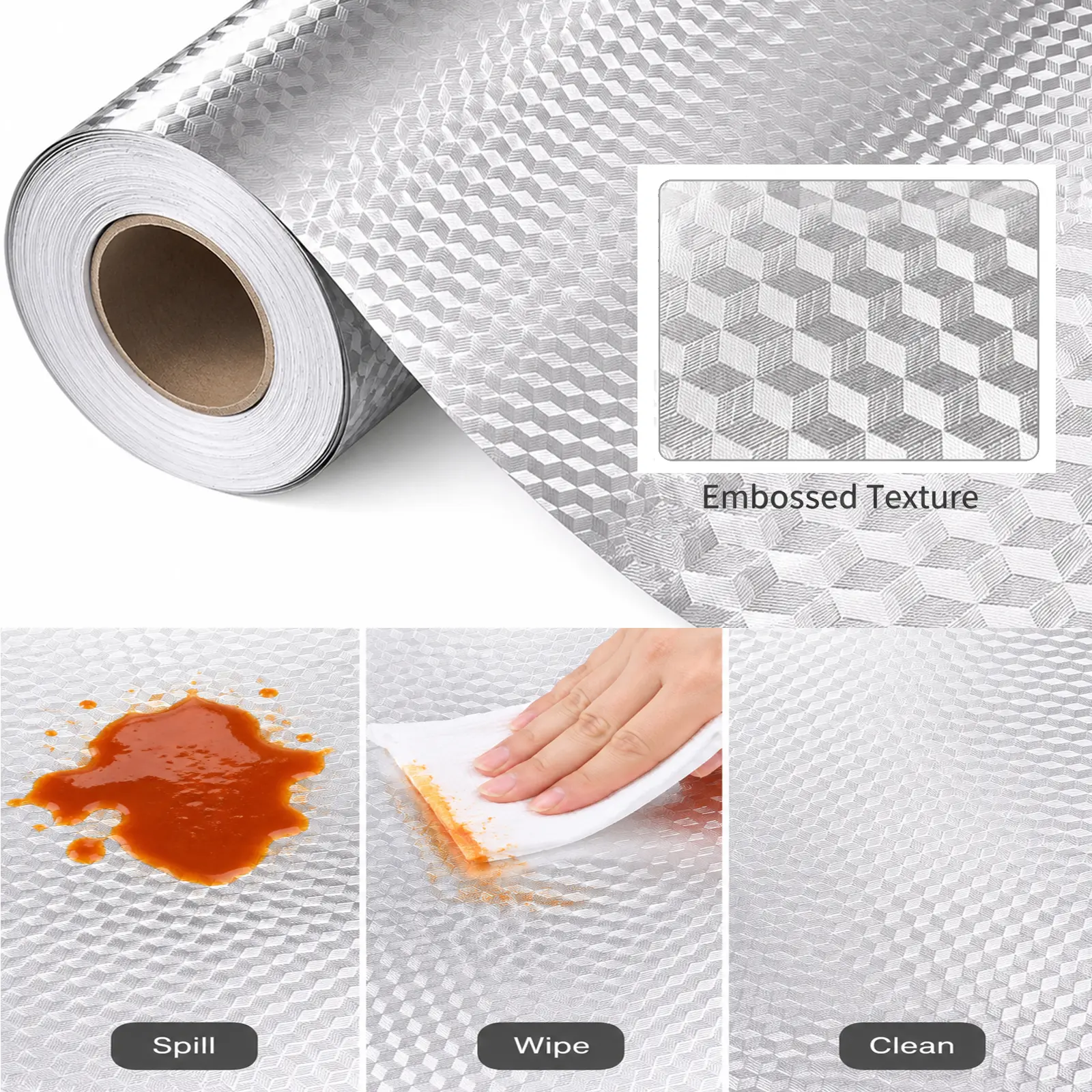 Aluminum Foil Kitchen Wallpaper - Self-Adhesive Tin Foil Backsplash, Geometric Cube Texture Silver Non-Woven, Oil-Proof Waterproof Heat-Resistant Cabinet Liner, Easy Maintenance, 15.7x118 Inches Peel-Stick Contact Paper