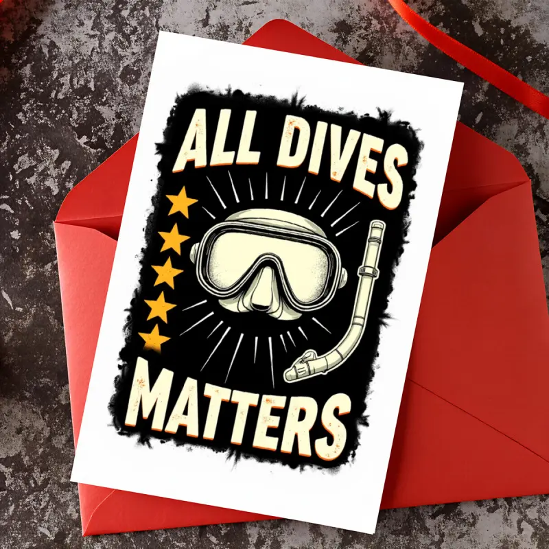 1 vintage-style greeting card. "Diving is all important" theme. The inside pages are blank. Suitable for diving enthusiasts and ocean lovers. Birthday gift