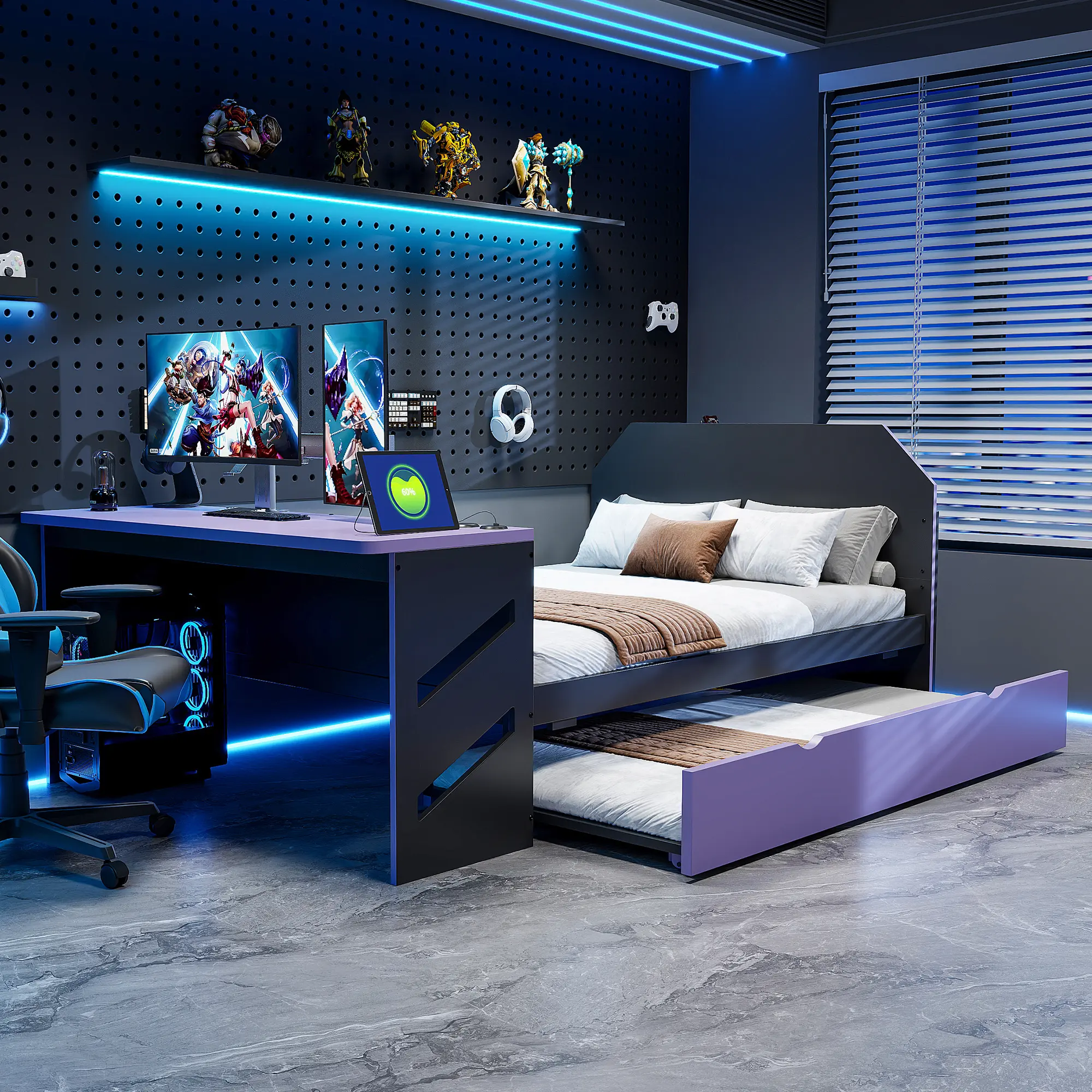 Purple+Black Gaming-Look Full Size Wood Daybed with Twin Trundle, Study Desk with USB Port Charging Station, Space-Saving Furniture Bed Frame, MDF/Plywood/Solid Wood Construction, 92.1L x 58.2W x 35.6H