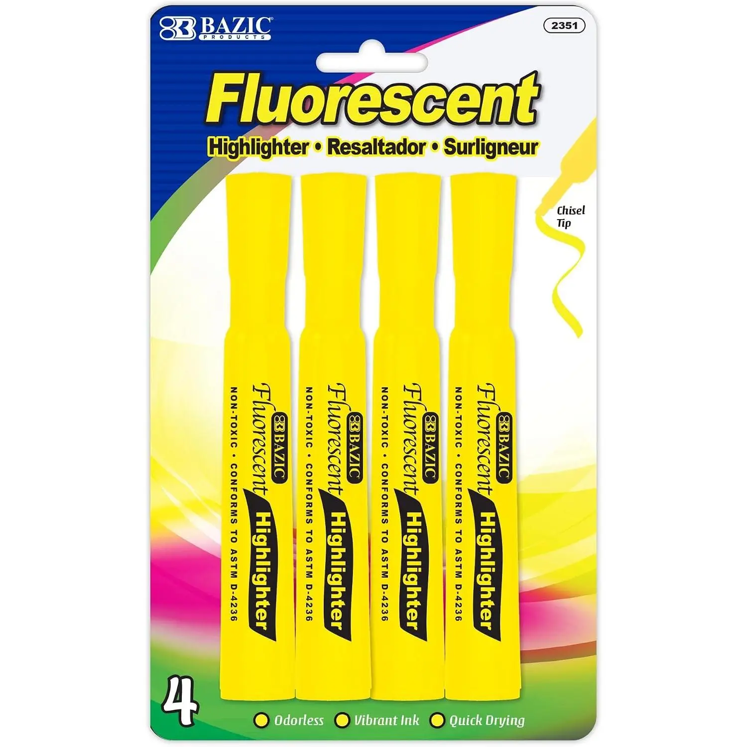 Yellow Desk Style Highlighters, Chisel Tip, 4 Count | Quick-dry, Yellow fluorescent desk-style highlighters, wide barrel,  ink, ASTM D-4236, odorless