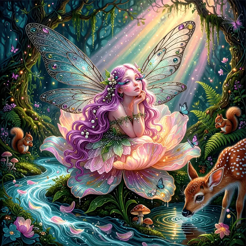 2d flat painting 5D DIY Diamond Painting Kit with Round Diamonds and Tools Included, Sparkling Fairy in Enchanted Forest Design, Perfect for Home Decor, Adults and Kids Craft Project, Full Drill Rhinestone Artwork, Shiny Wall Deco