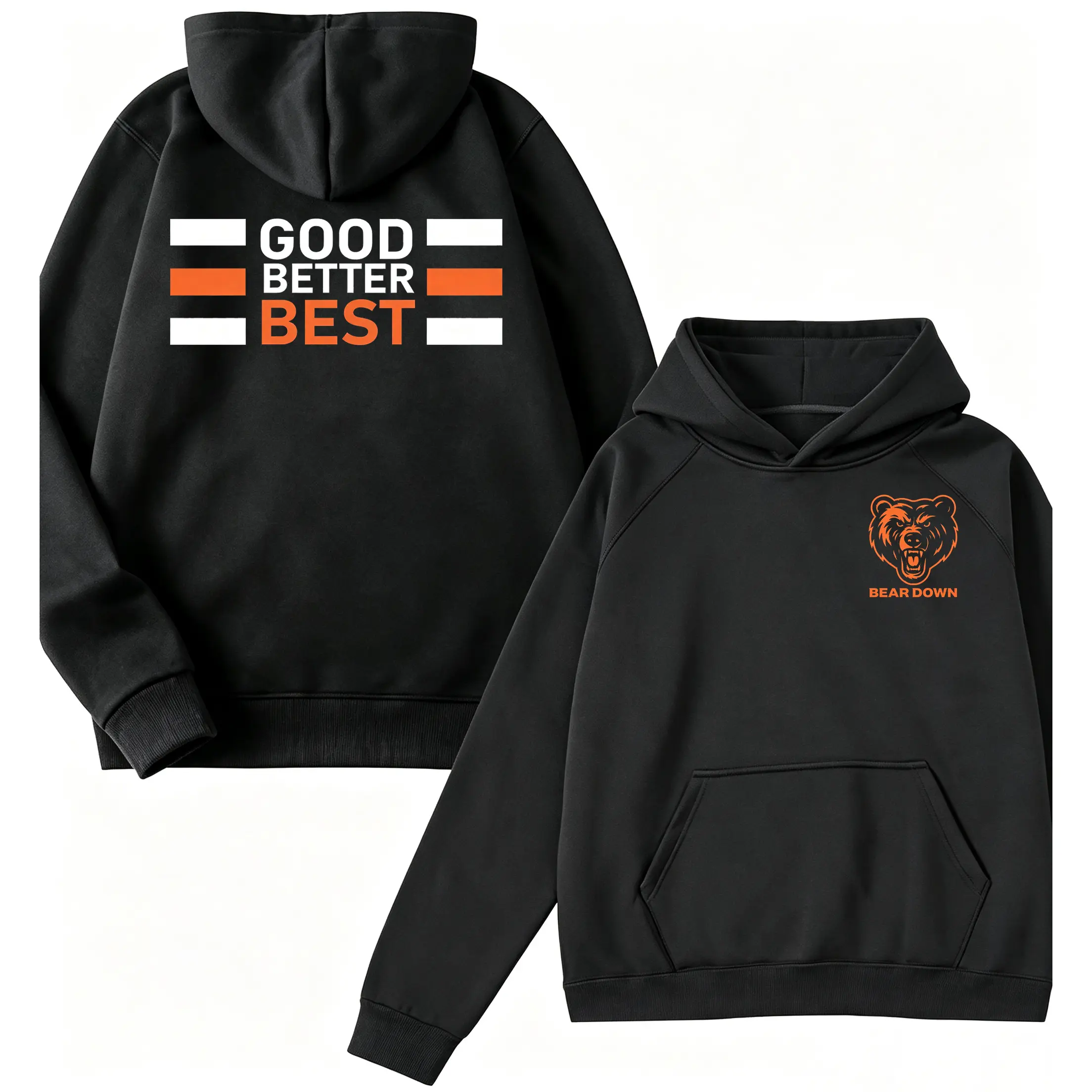🏈 🐻 Double Sided Print Bear Down Good Better Best Motivational Graphic Hoodie, Chicago Football Fan Hooded Sweatshirt For Men