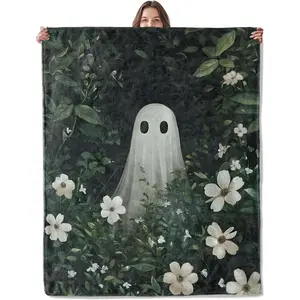 Aesthetic Ghost Floral Blanket, Lightweight Comfy Spooky Cute Sheet Ghost Blankets for Couch Sofa Bedroom, Soft Plush Travel Flannel Throw Blanket Gifts for Adults Kids Women, Home Decor