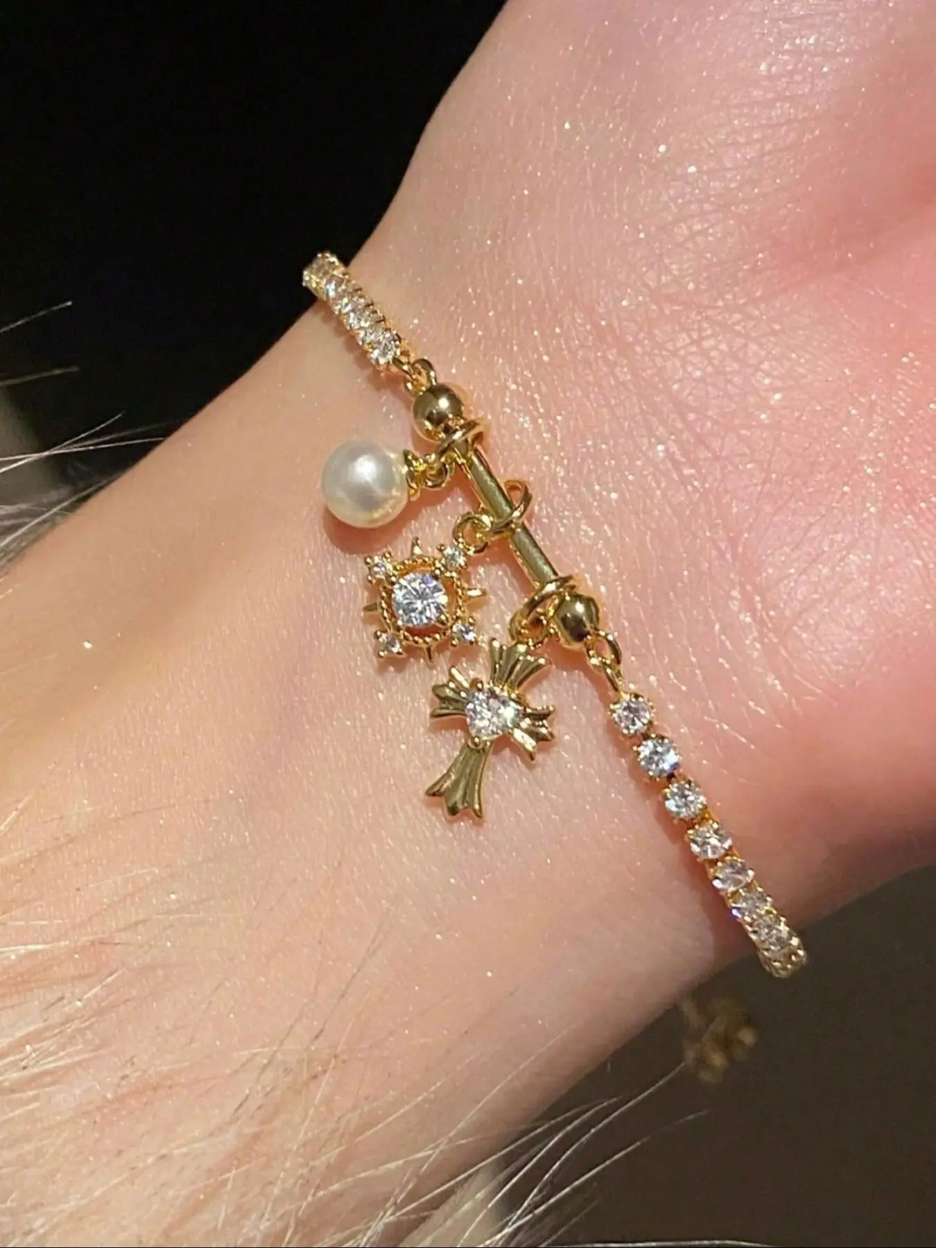 Adjustable Iris Flower Cross Bracelet for Women, Luxury Zirconia Christian Religious Jewelry, Hypoallergenic Charm Bangle Gift, Adjustable Bangles, Floral Charm Bracelets