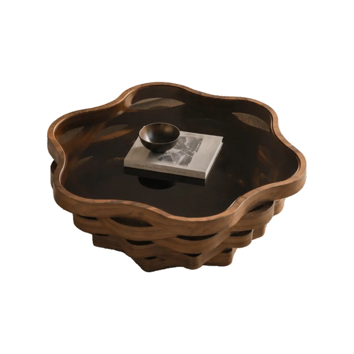 Cloud Outline Walnut Irregular Coffee Table - 35.83x30.91"x12.20"H, Tinted Tempered Glass Top, Multi-Layer Wave MDF Base, Lightweight Modern Artistic Low Profile Cocktail Table for Living Room Home Decor (MDF + Glass)