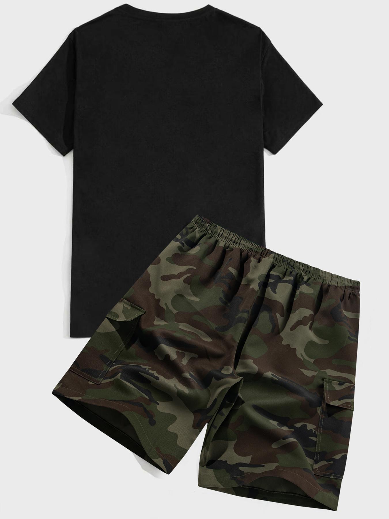 Two-Piece Set Men's Crop Tee & Shorts, Regular Fit Casual Short Sleeve T-shirt & Camouflage Print Shorts, Men's Summer Outfits