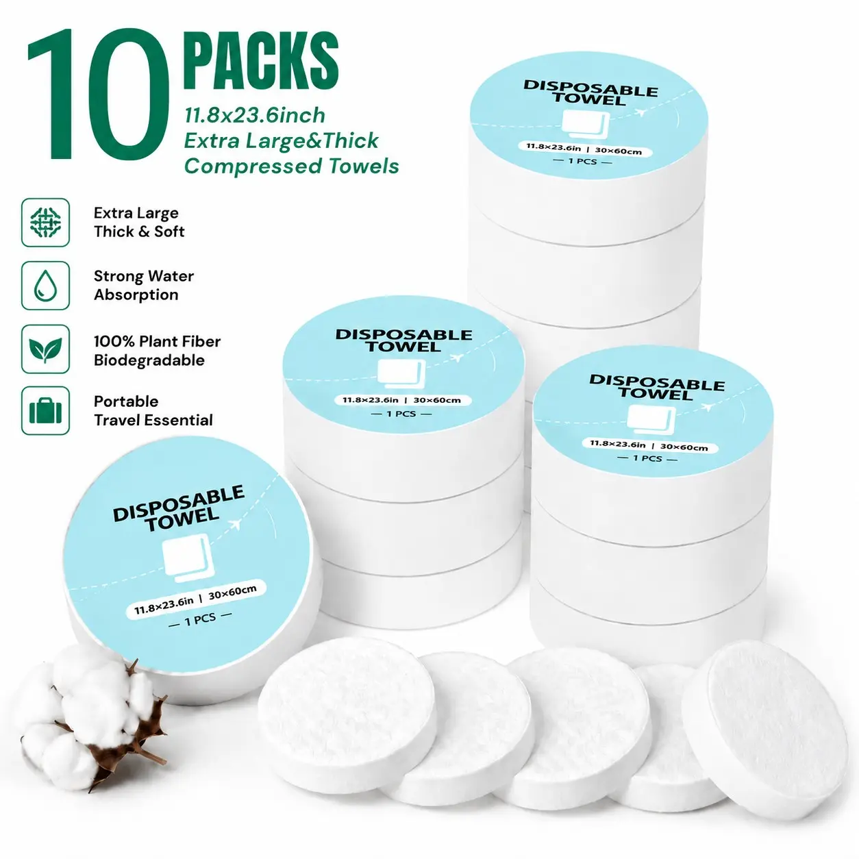 Extra Thick & Extra Large Compressed Towel Tablets, Disposable Ultra Soft Face Cloths, Travel, Home, Camping, Gym, Makeup Removal, 10 Packs