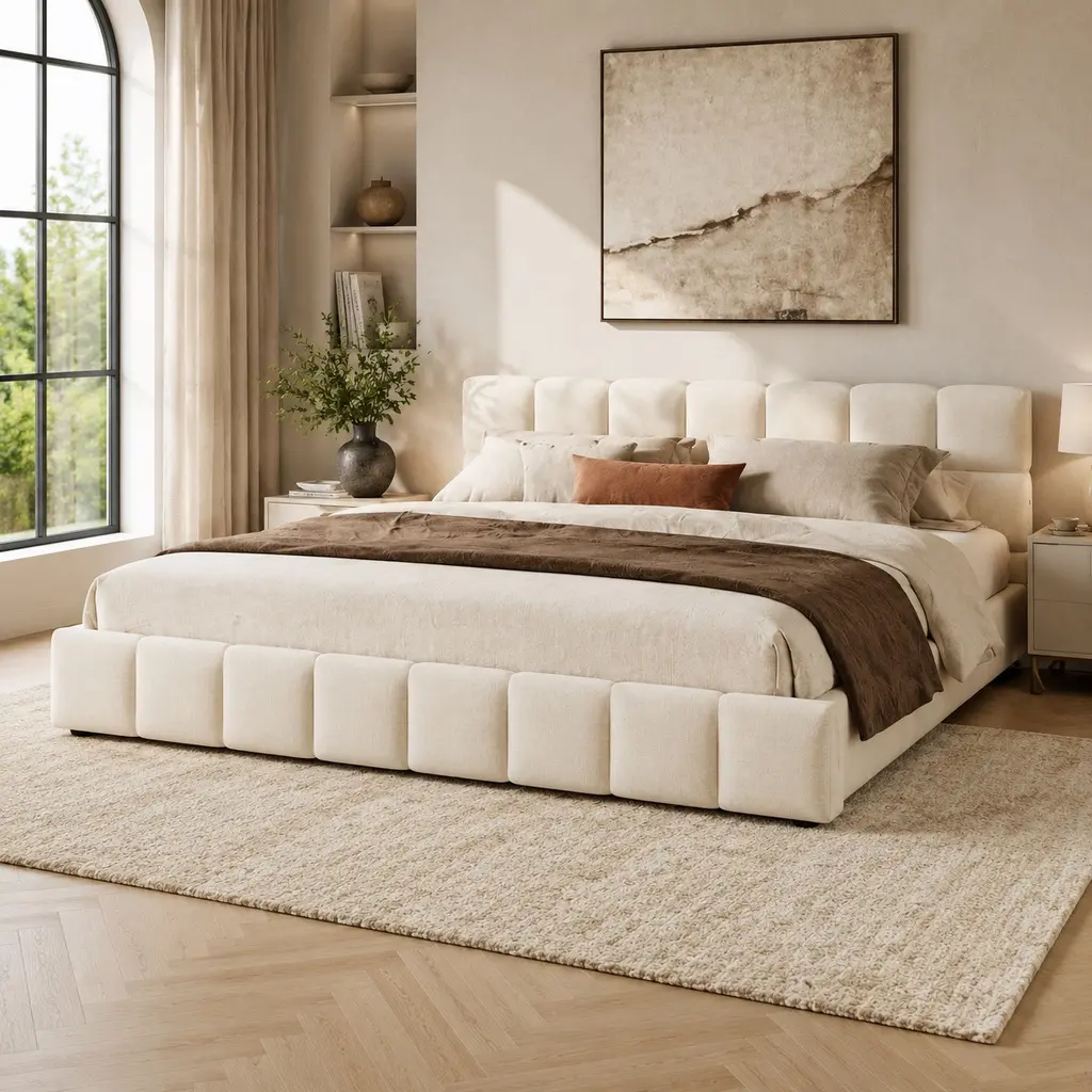 King-Size Upholstered Bed Frame - Elegant Beige Checkerboard Chenille Fabric, Plush Velvety Texture, Durable, No Box Spring Needed, Assembly Required, 88.19L x 82.68W x 24.41H in Chenille Upholstered Bed Frames