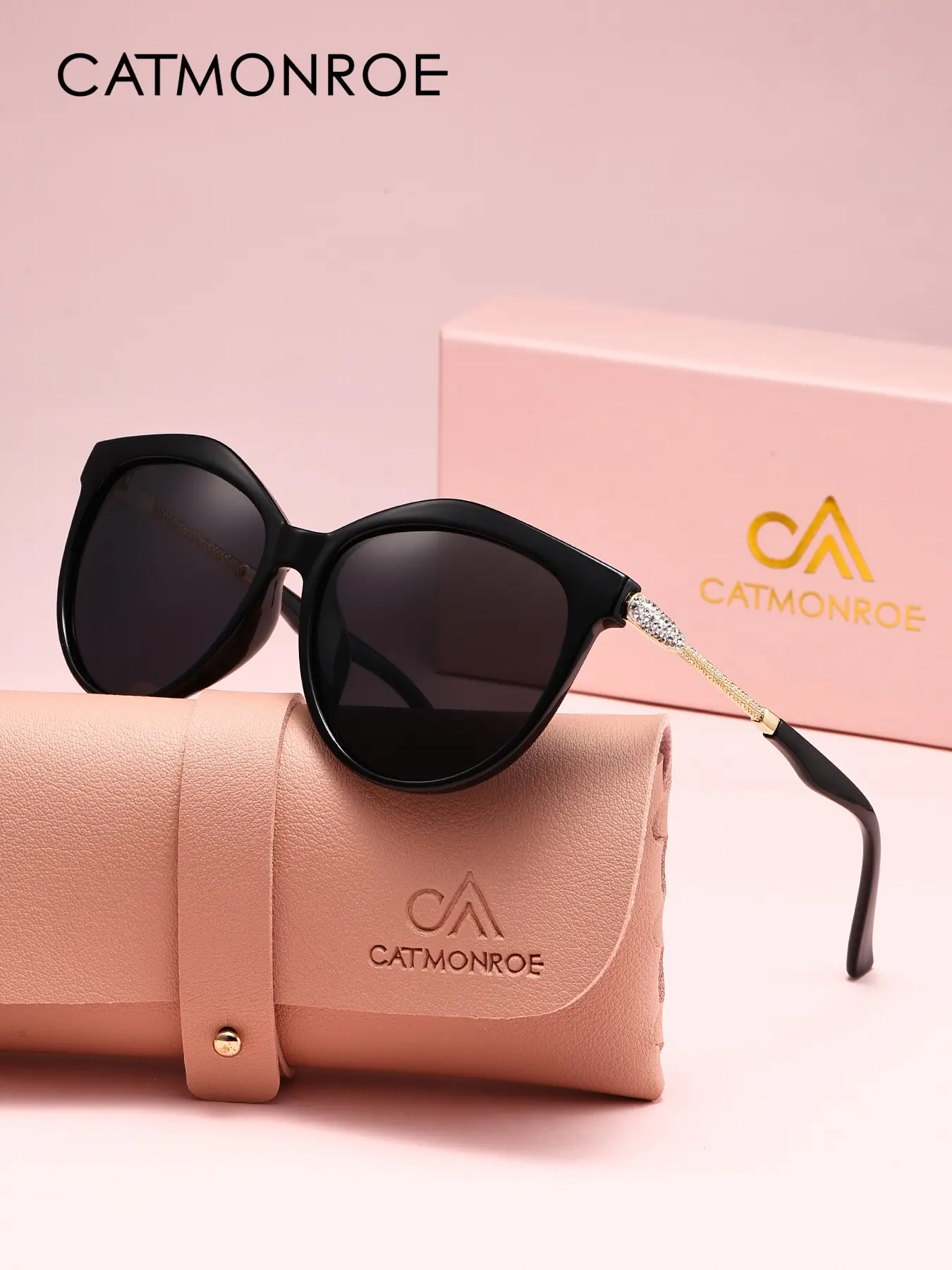 CATMONROE Polarized Black Cat-Eye Sunglasses Women Oversized Rhinestone Temple UV400 Fashion Shades Beach Travel