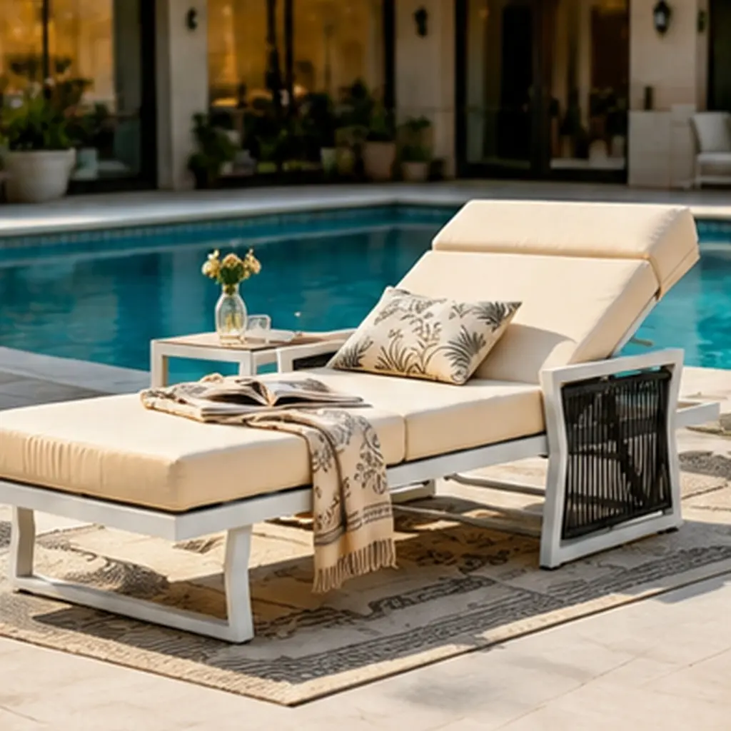ARCH White Iron Outdoor Chaise Lounge with Black Rope Armrests, 4" Thick 4-Fold Beige Water Resistant Cushion with Built-In Headrest, 5-Position Adjustable, 400 LBS Capacity for Patio Pool Backyard, Beige/Black/White Color Options, Beach, Garden