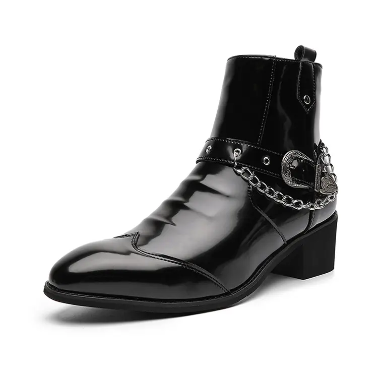 Men's shiny brogue Chelsea fashion ankle boots, pointed toe with metal buckle, trendy side zipper high-heeled fashion boots, vintage pleated British style fashion boots 18098
