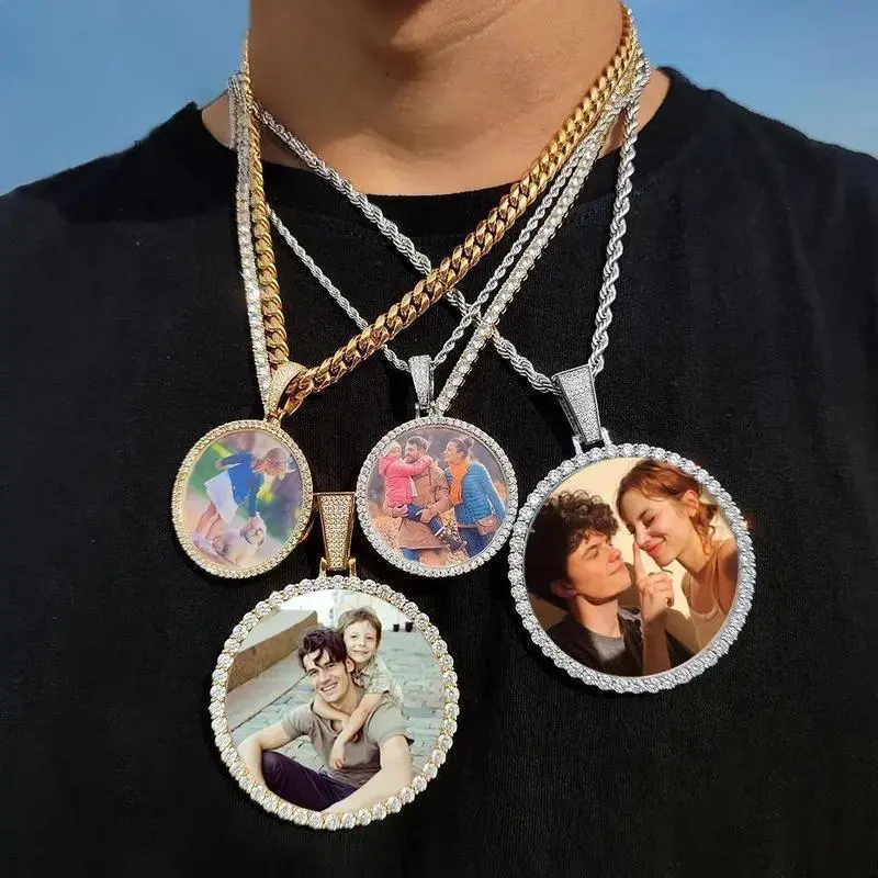 IH Iced Out Custom Photo Round Medallion Pendant Necklace 18K Gold Plated Natural Sri Lanka Zircon Hip Hop Jewelry for Men Women